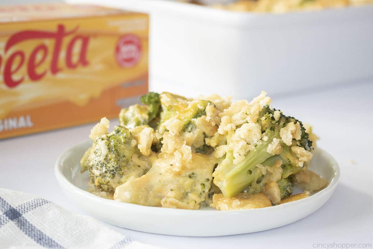 Plate of Broccoli Cheese casserole with Veleveeta.