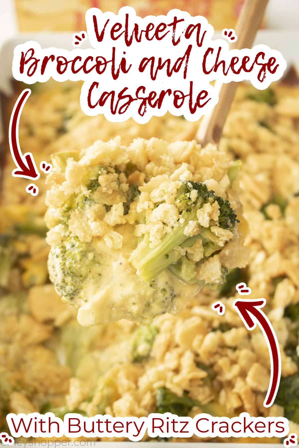 Text on image Velveeta Broccoli and Cheese Casserole with Buttery Ritz Crackers