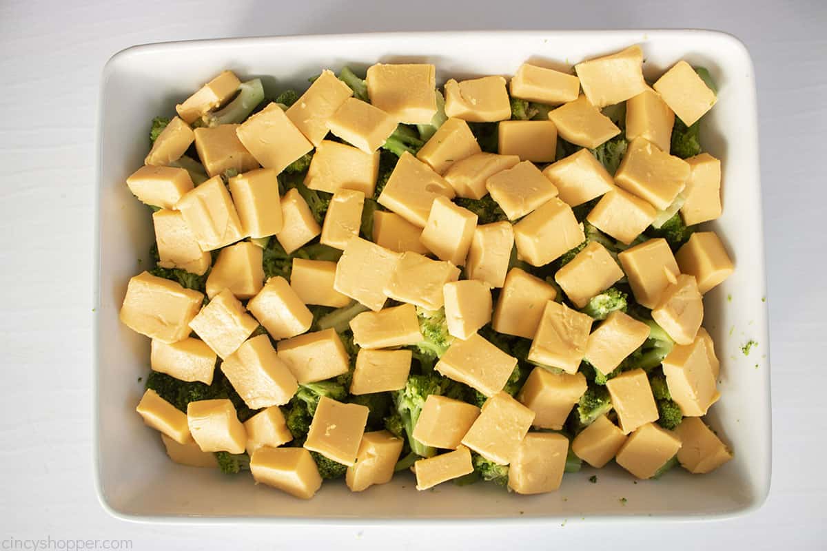 Cubed Velveeta Cheese on the top of cooked butter broccoli.