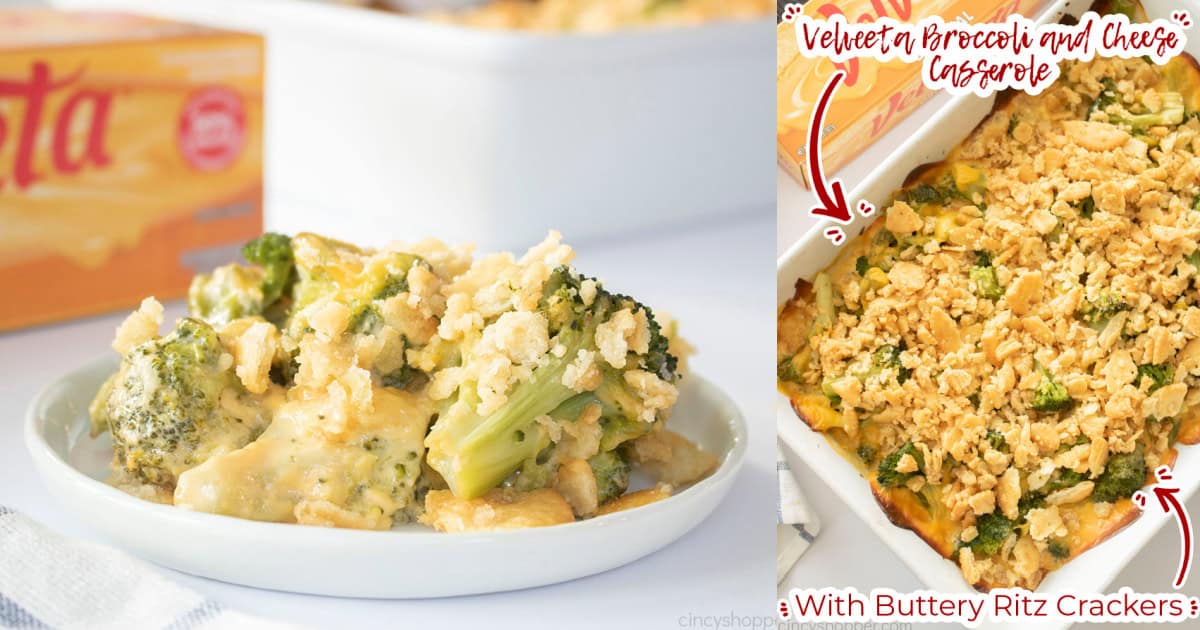 Collage Text on image Velveeta Broccoli and Cheese Casserole with Buttery Ritz Crackers