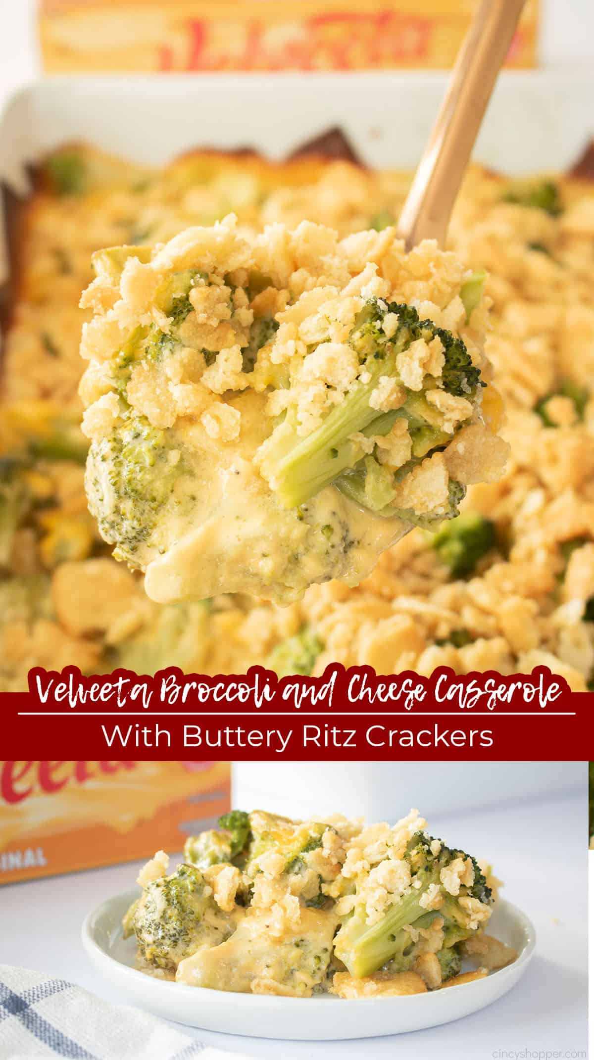 Long pin Text on image Velveeta Broccoli and Cheese Casserole with Buttery Ritz Crackers