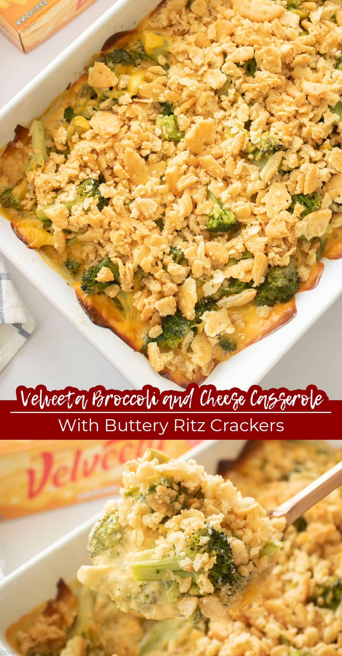 Long pin Text on image Velveeta Broccoli and Cheese Casserole with Buttery Ritz Crackers