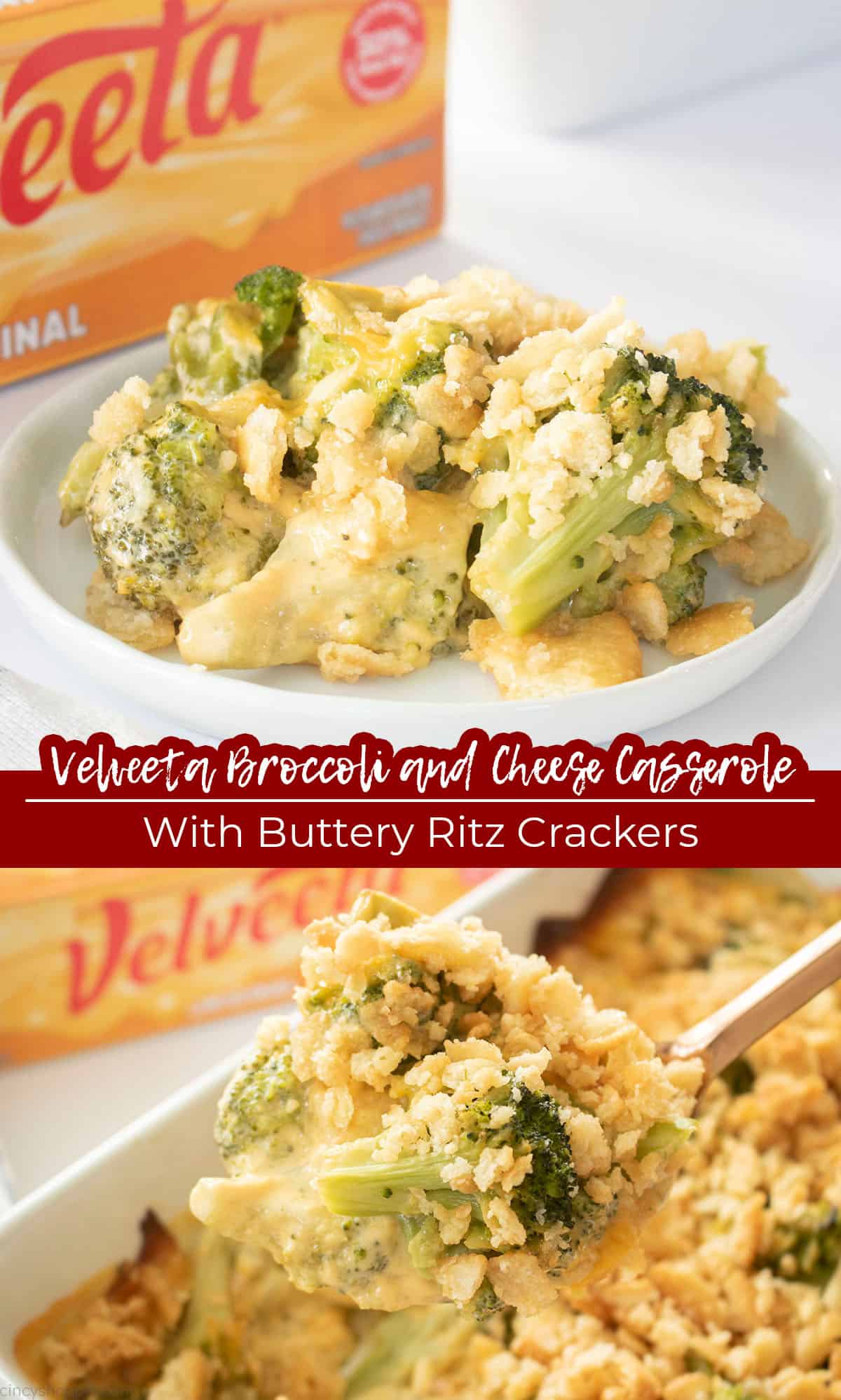 Long pin Text on image Velveeta Broccoli and Cheese Casserole with Buttery Ritz Crackers