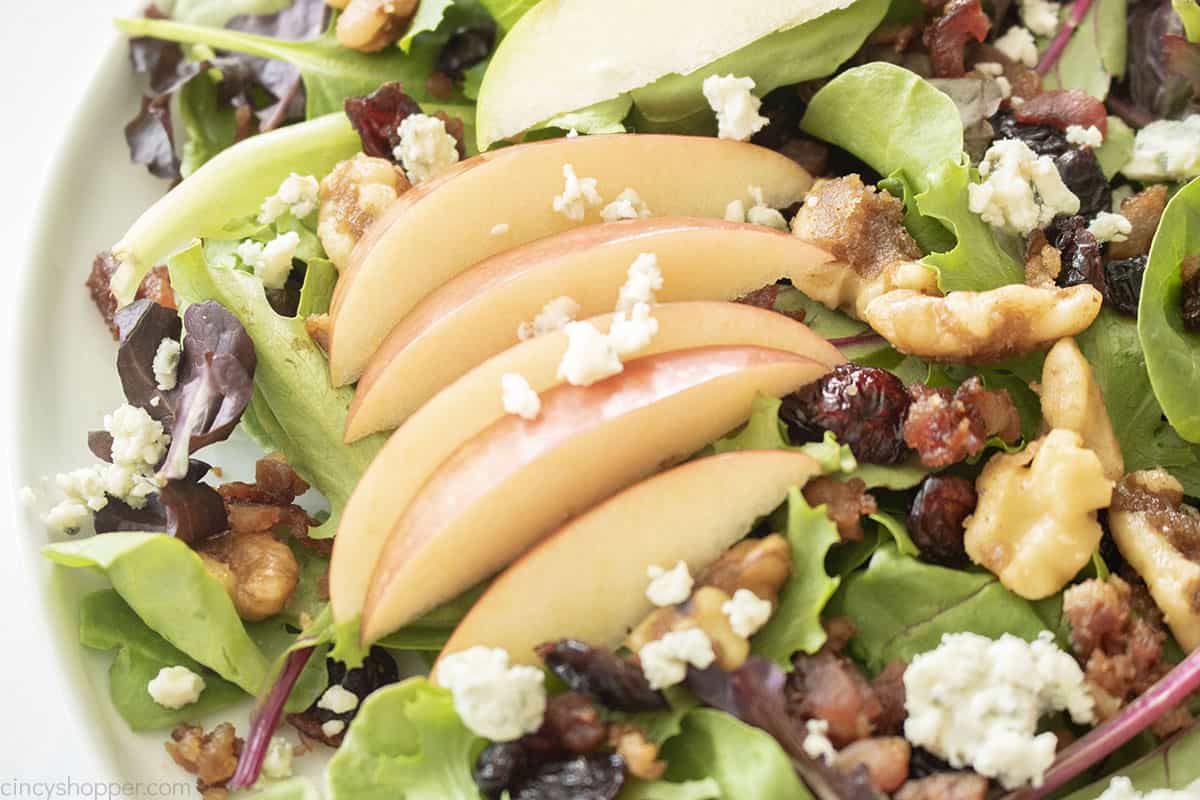Thanksgiving green salad on a white plate.