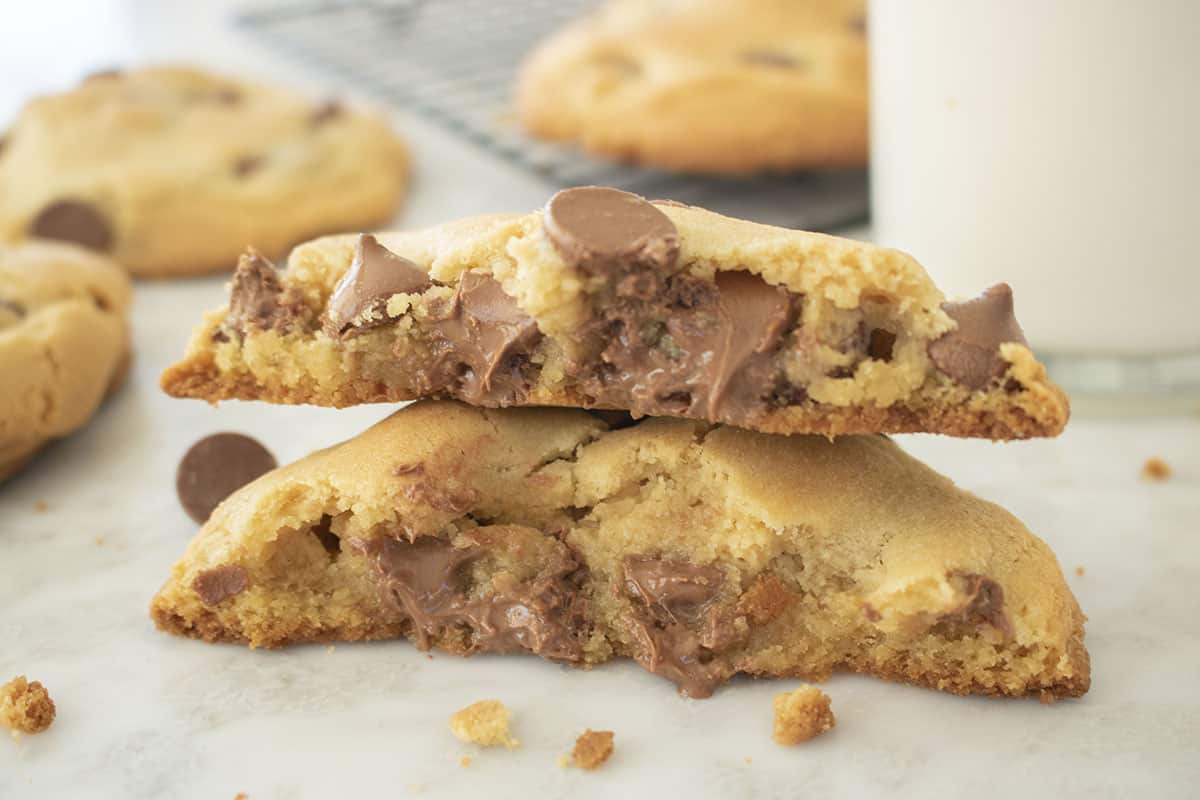 Opened Crumble Cookie with gooey chocolate center.