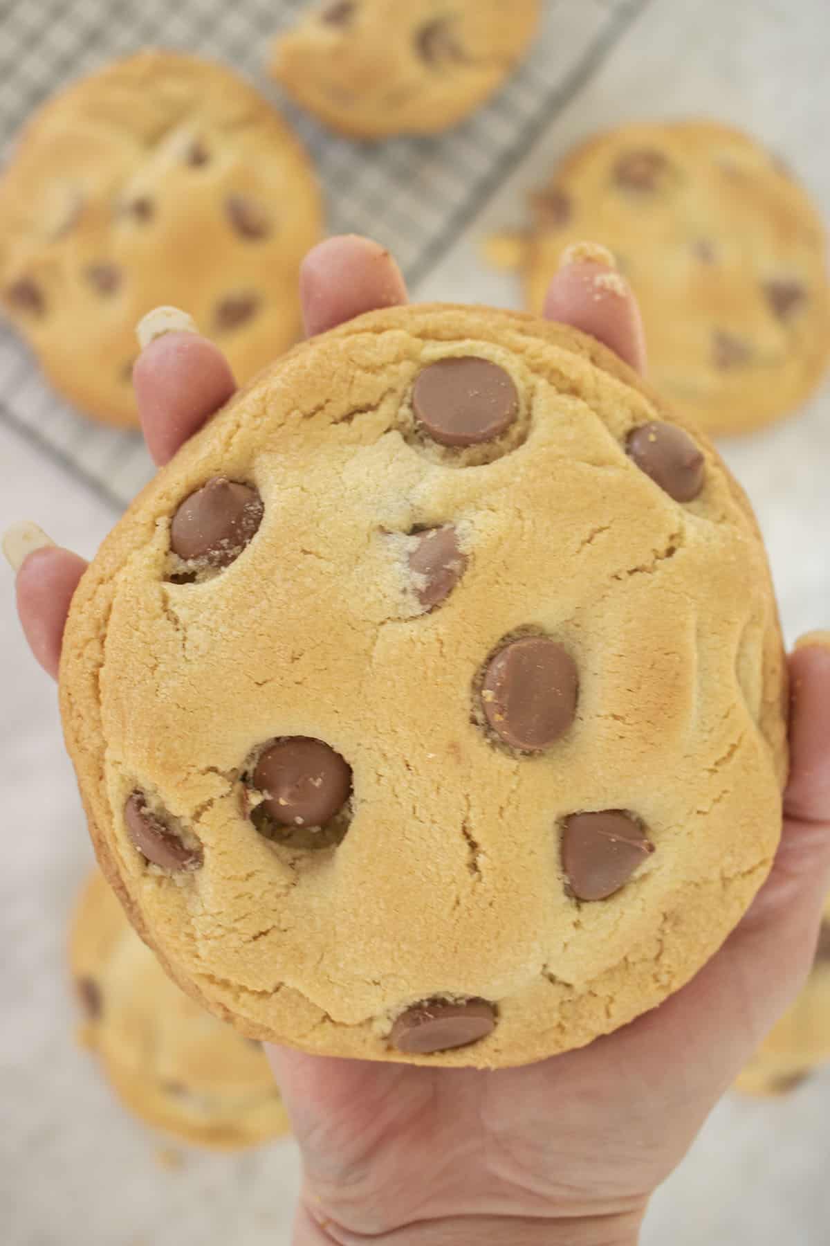 GIant Chocolate Chip Cookie like crumble in the palm of hand.