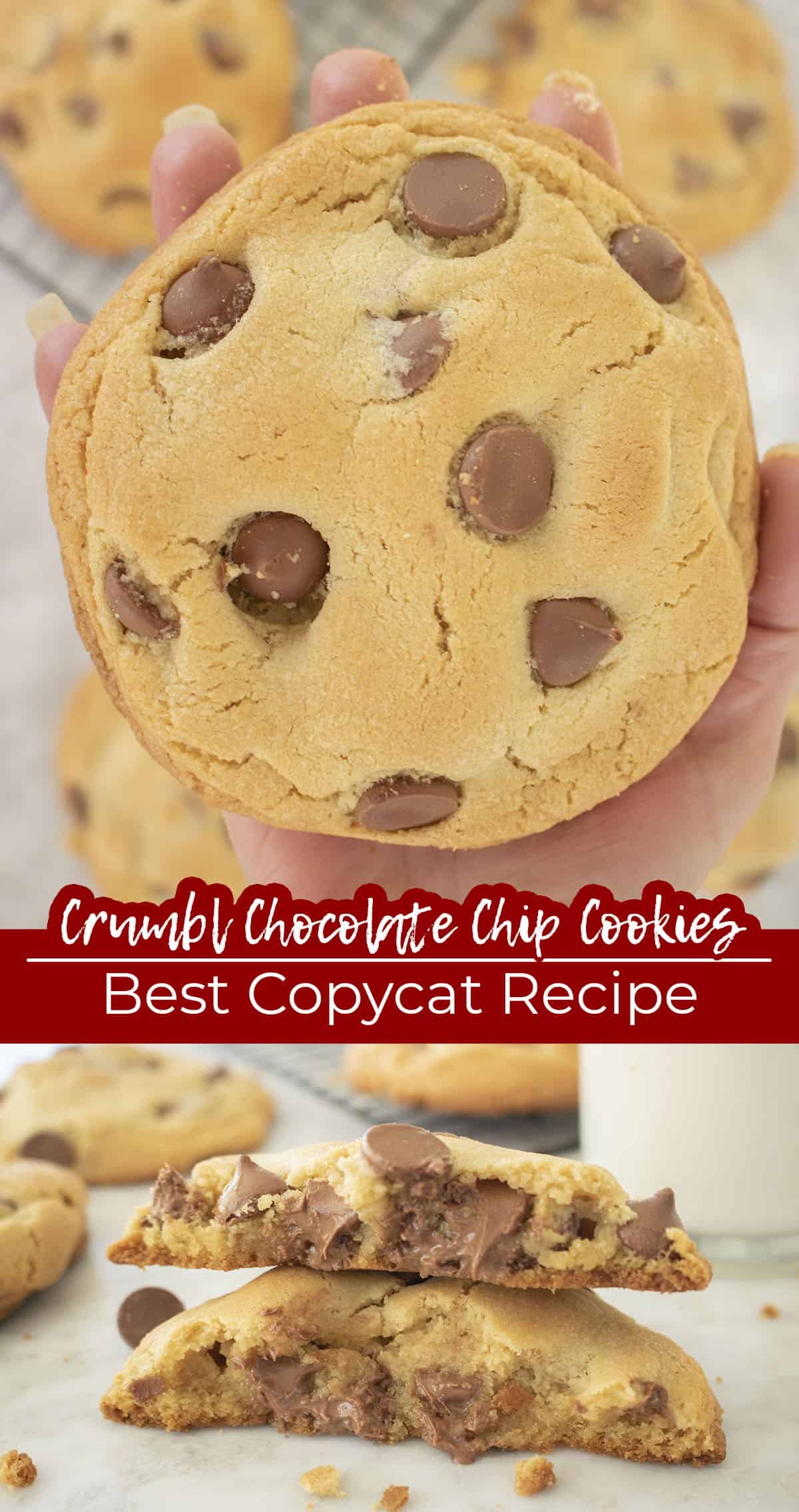 Long pin Collage with Text on image Crumbl Chocolate Chip Cookies Best Copycat Recipe