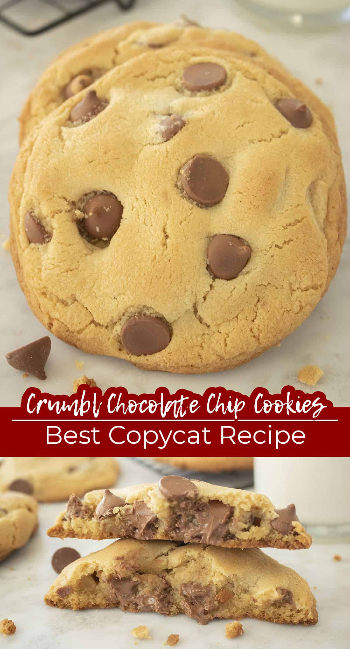 Long pin Collage with Text on image Crumbl Chocolate Chip Cookies Best Copycat Recipe