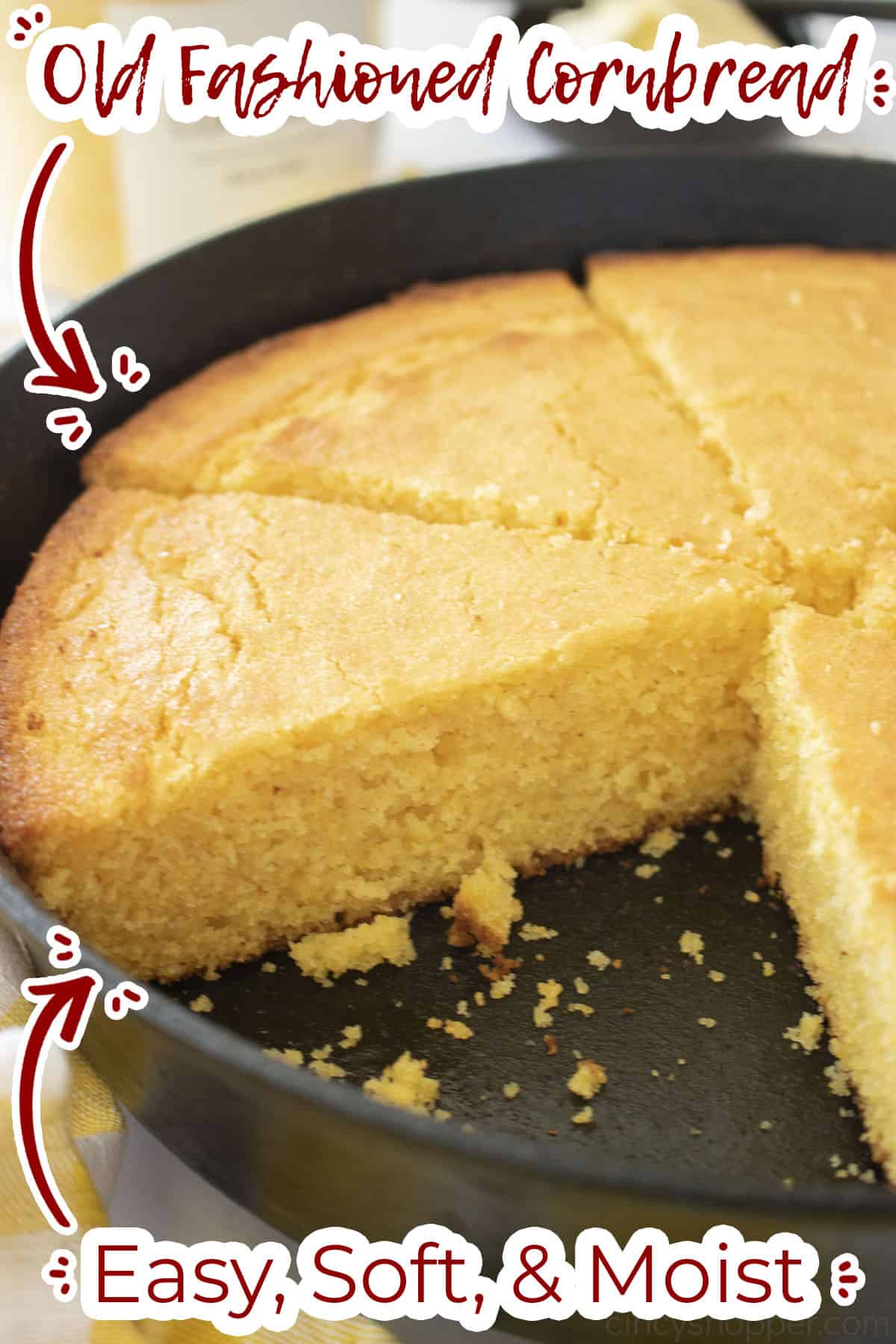 Old Fashioned Cornbread in skillet with slice removed.