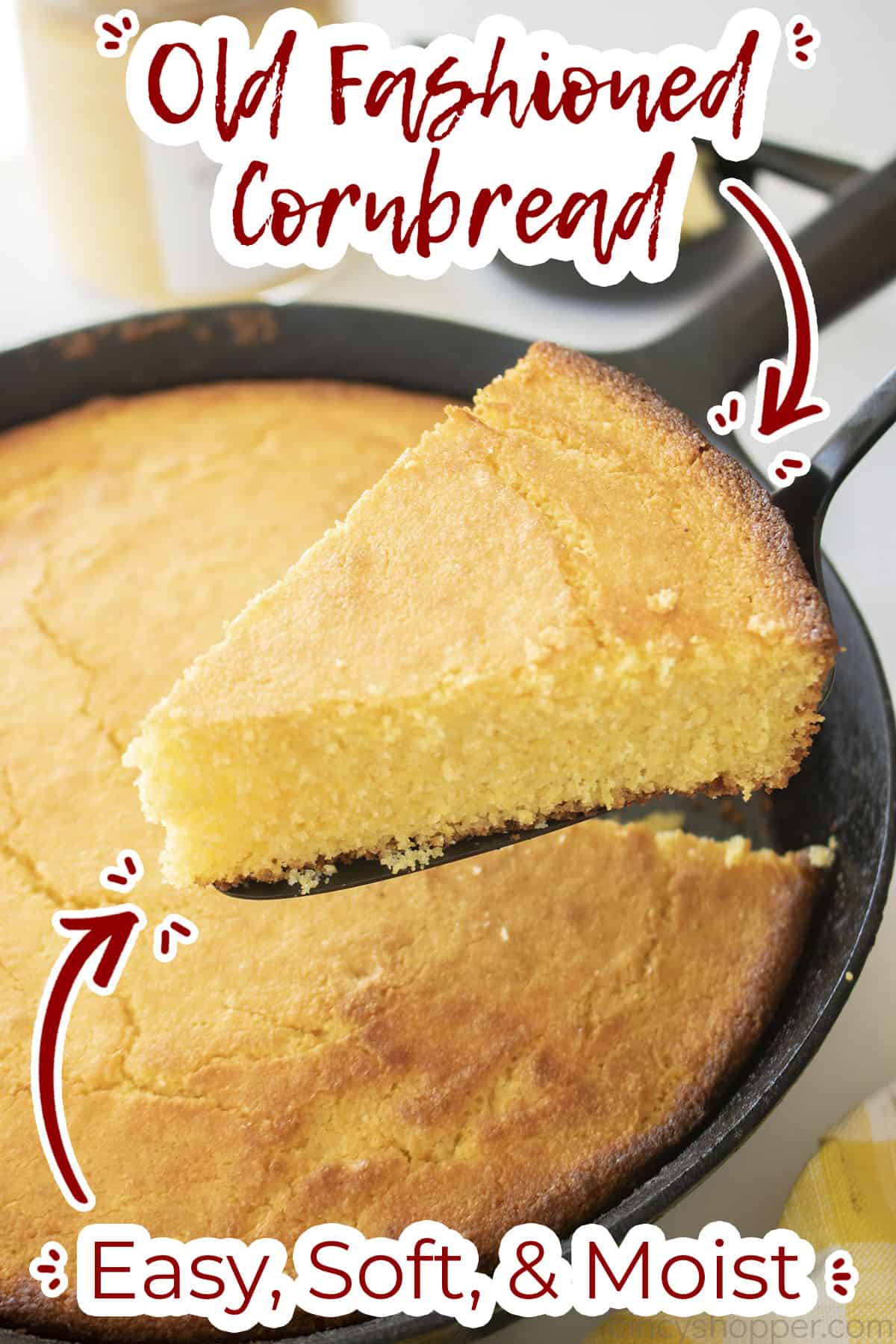 Slice of cornbread on a pie server.
