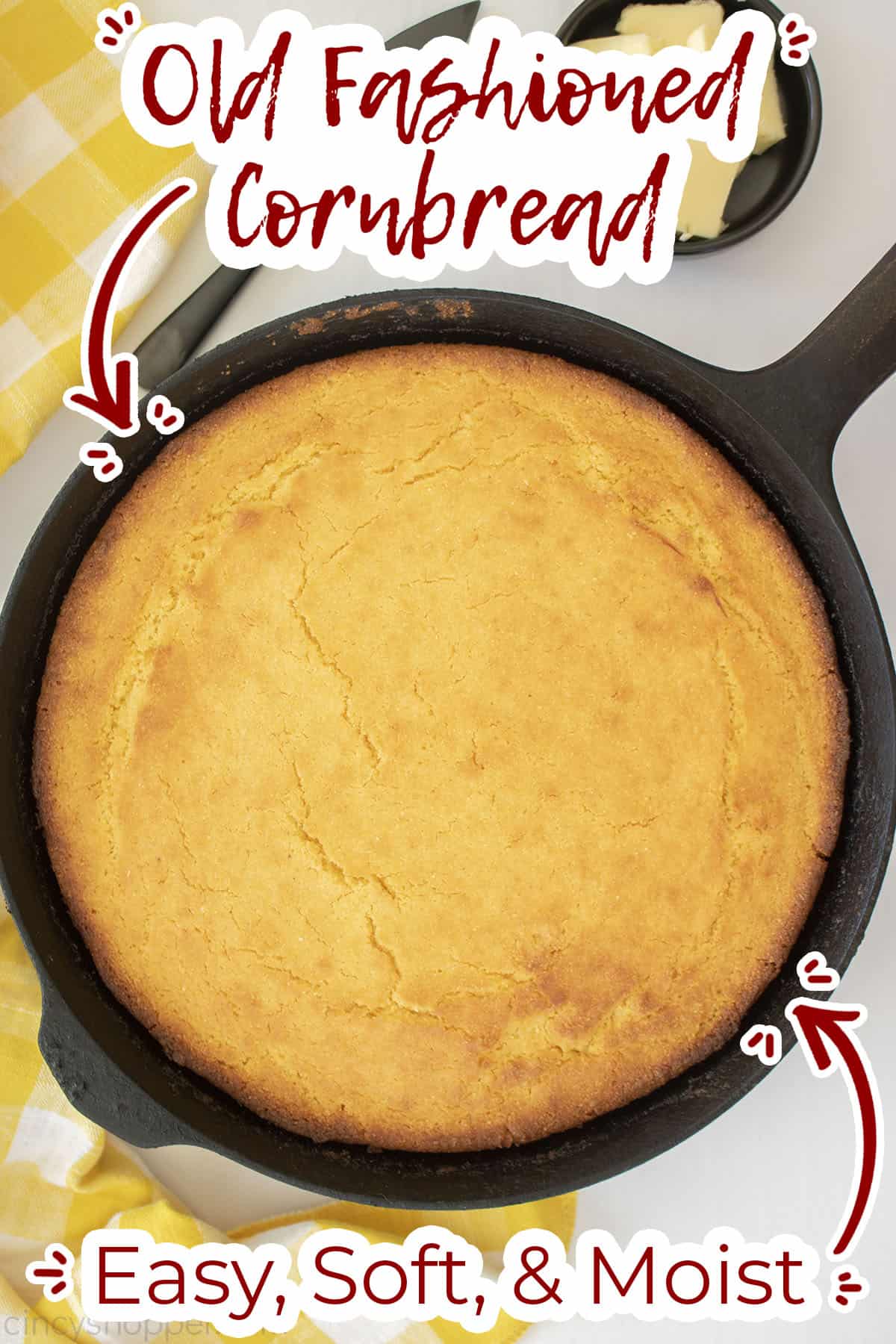 Top of crispy homemade cornbread in a skillet.