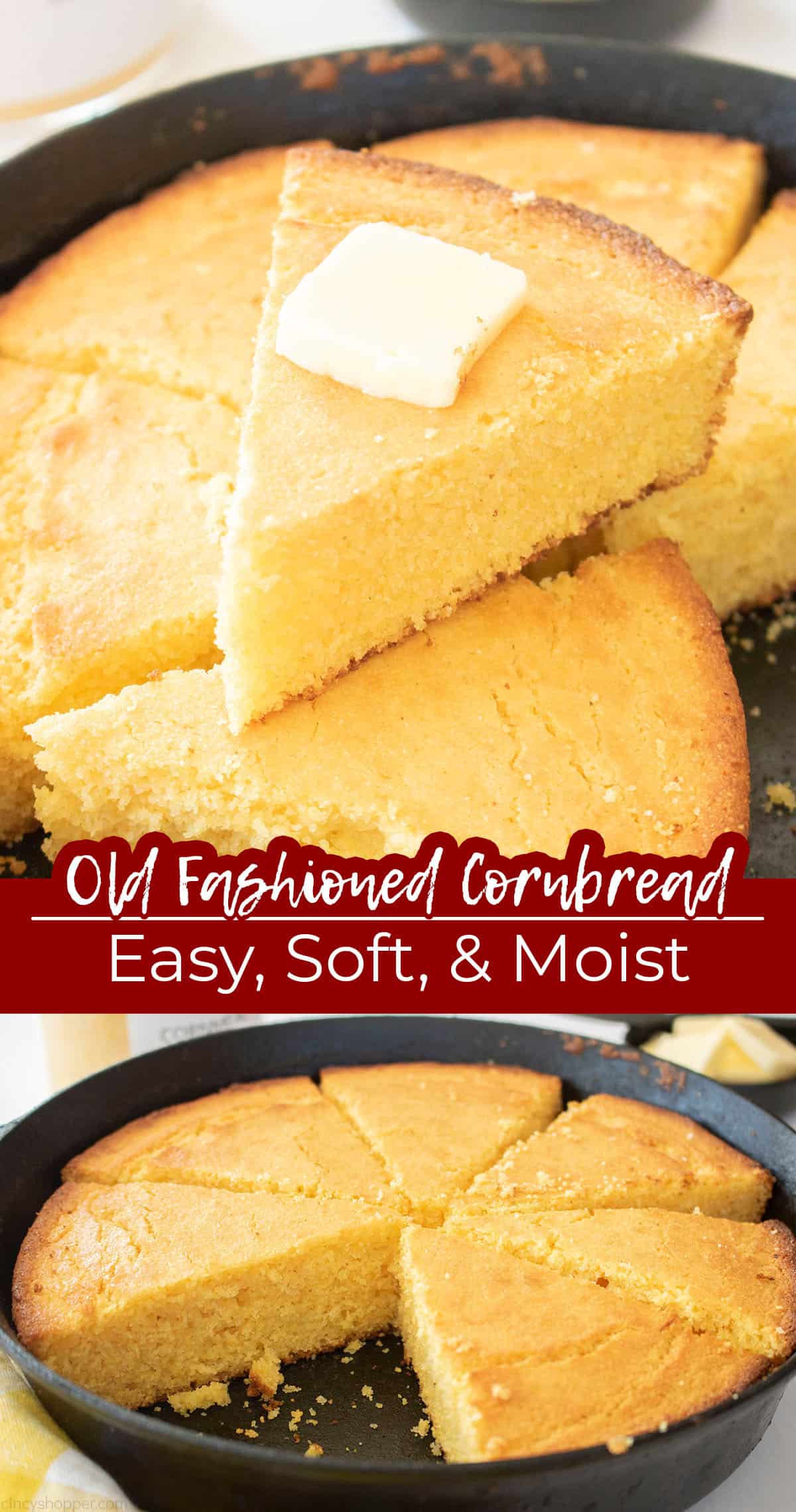Long pin collage with Old Fashioned Cornbread, Easy, Soft, & Moist text on image.