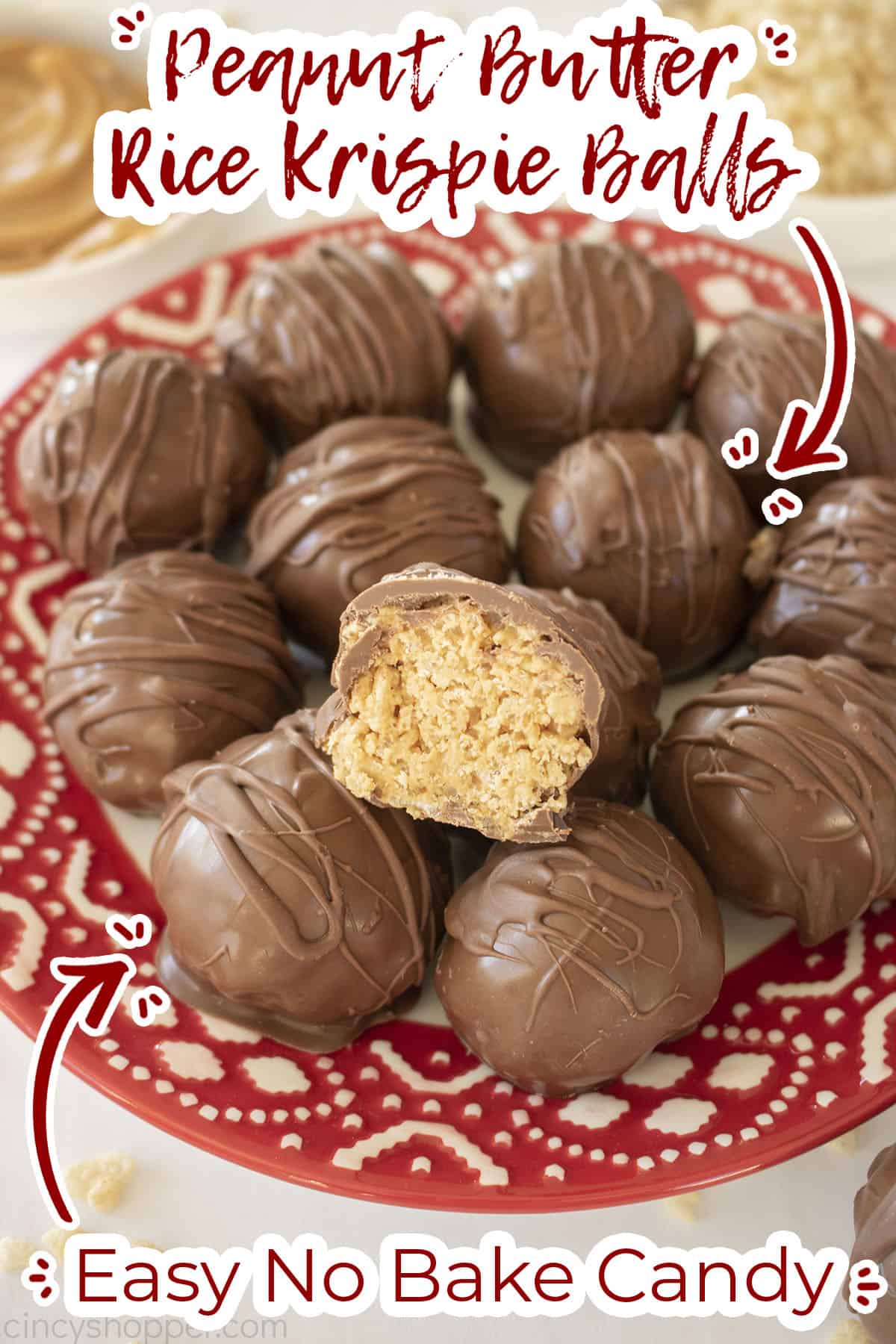 Rice Krispie Balls with Peanut Butter on a red and white plate. Text on image.