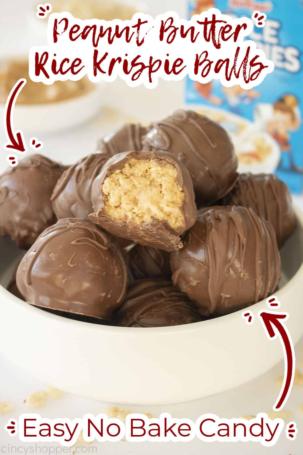 Peanut Butter Rice Krispie Balls in a white bowl with cereal in the background.