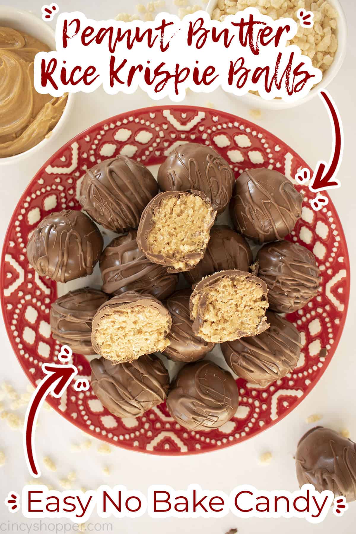 Peanut Butter Balls with Rice Krispies on a red and white plate.
