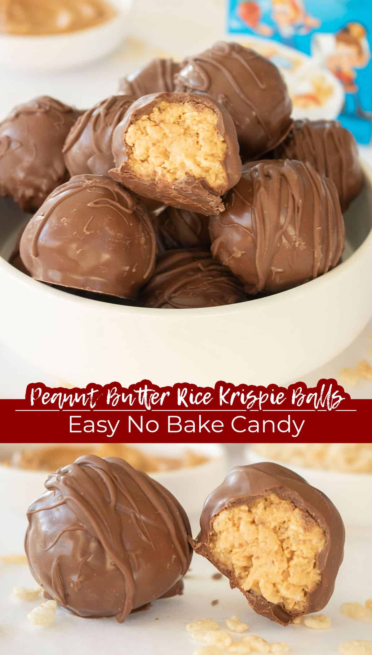 Long pin collage with text Peanut Butter Rice Krispie Balls 
