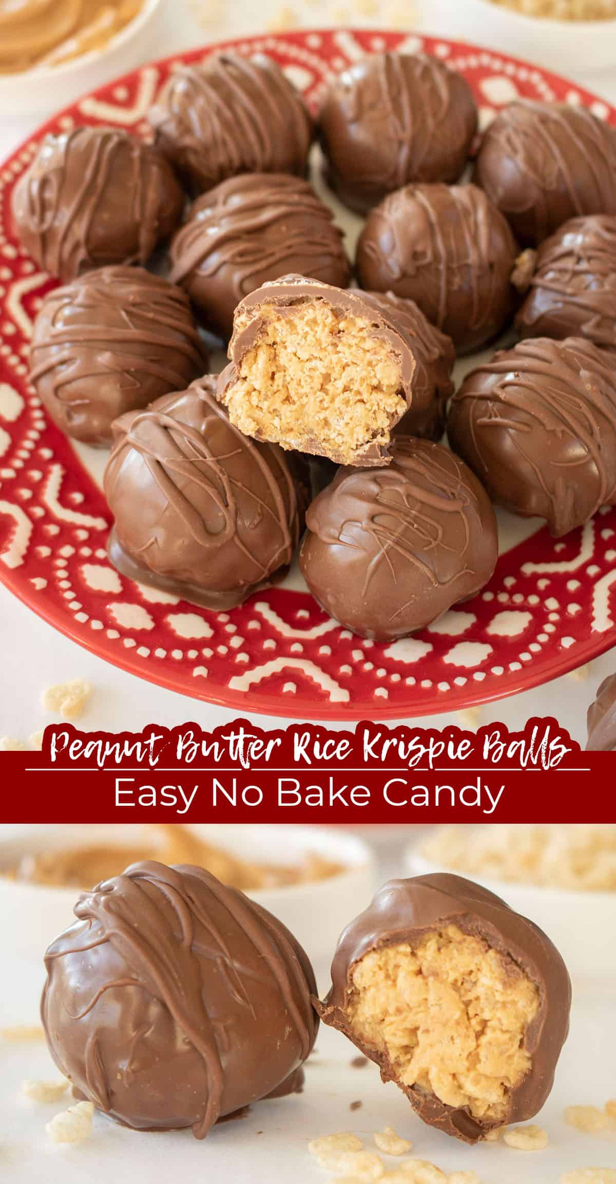 Long pin collage with text Peanut Butter Rice Krispie Balls 