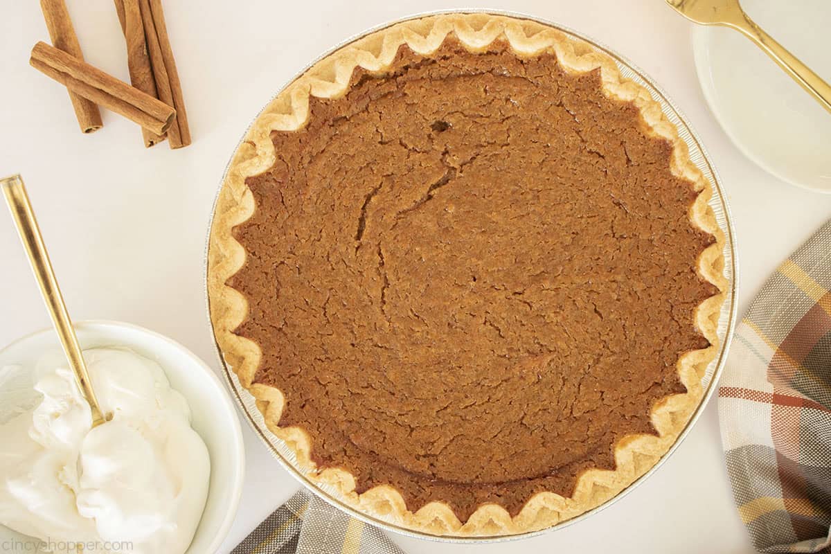 Overhead of bare baked sweet potato pie.
