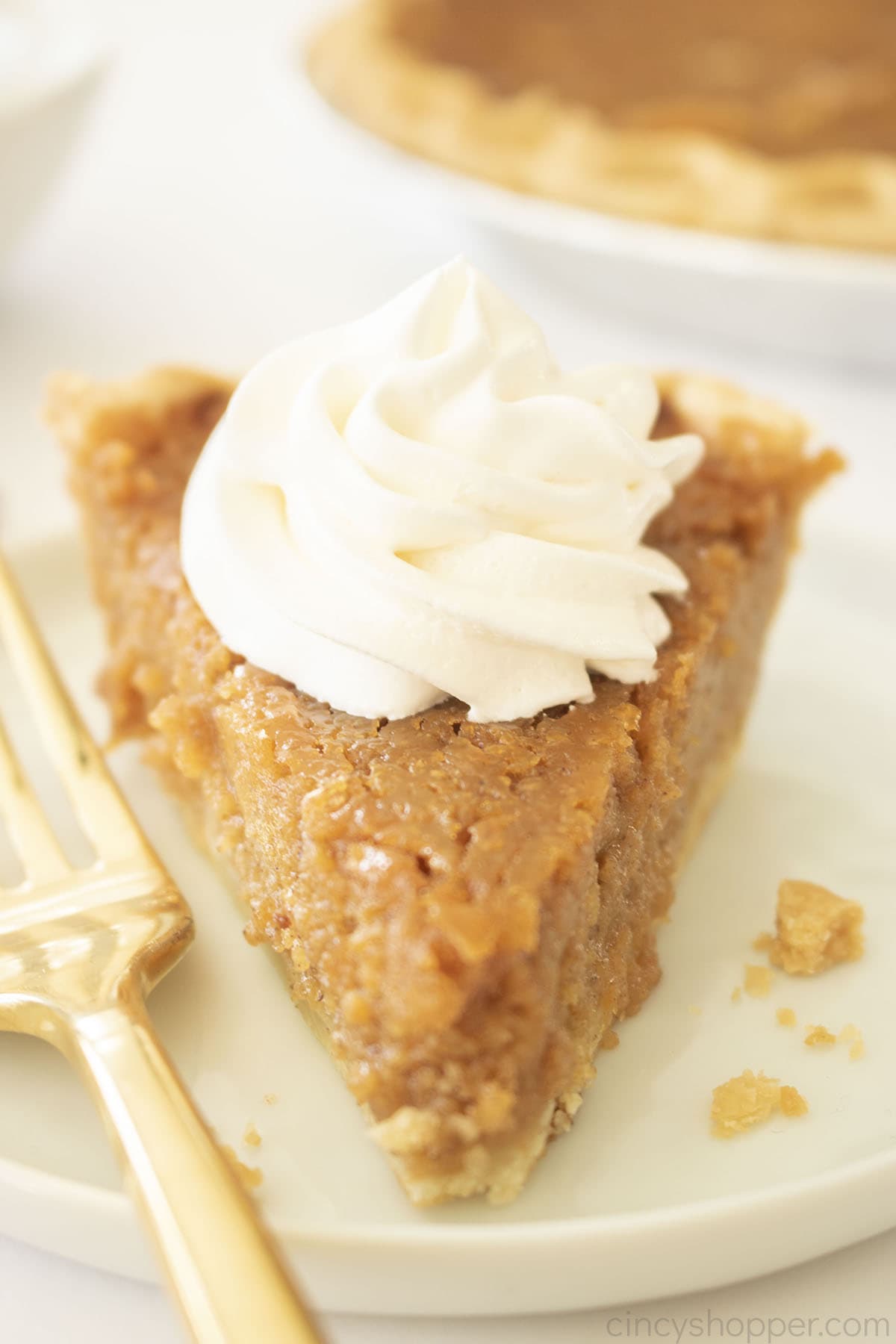 Front view of sweet potato pie on a plate with a fork