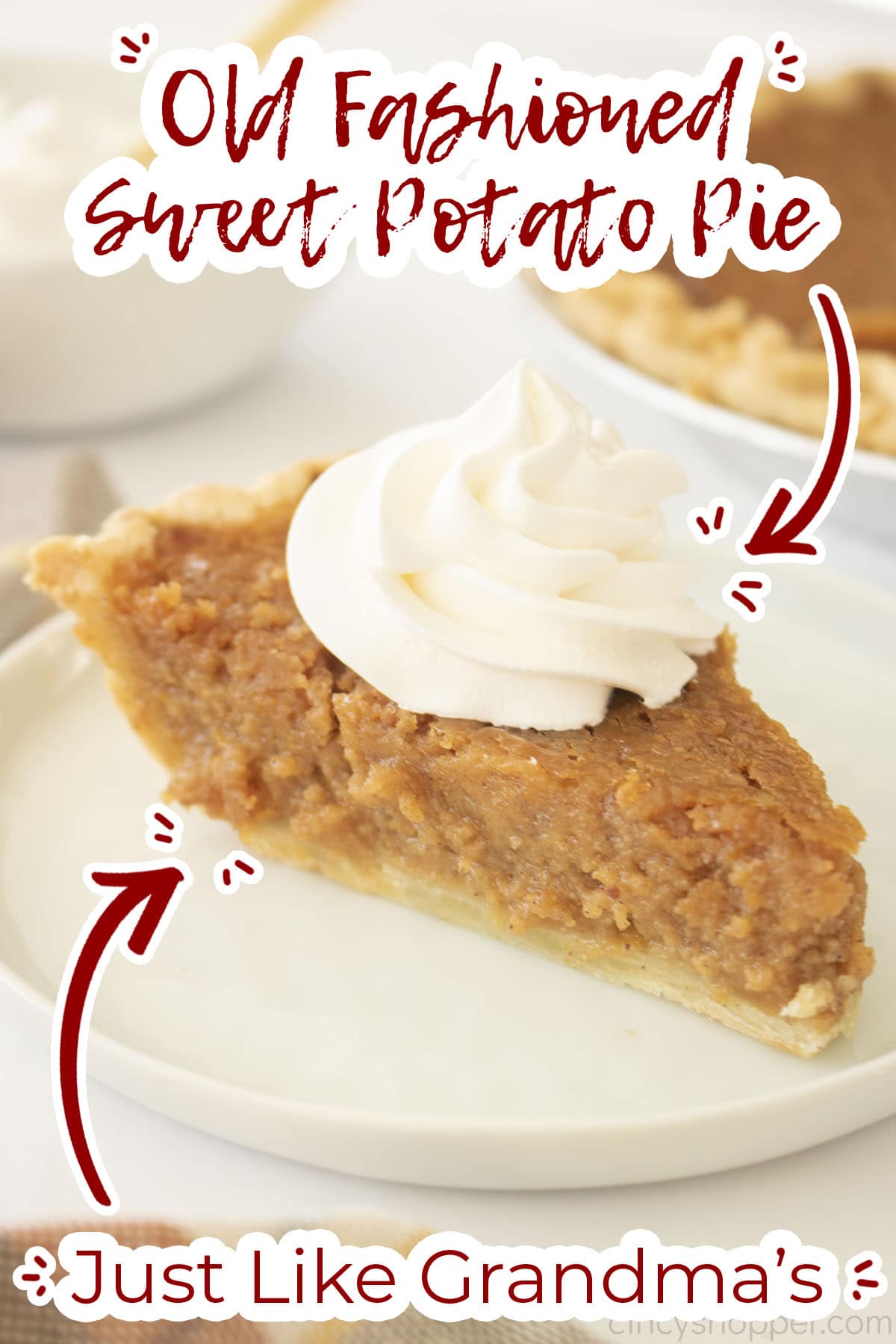 Side view of sweet. potato slice with text on image Old Fashioned Sweet Potato Pie, just like grandmas