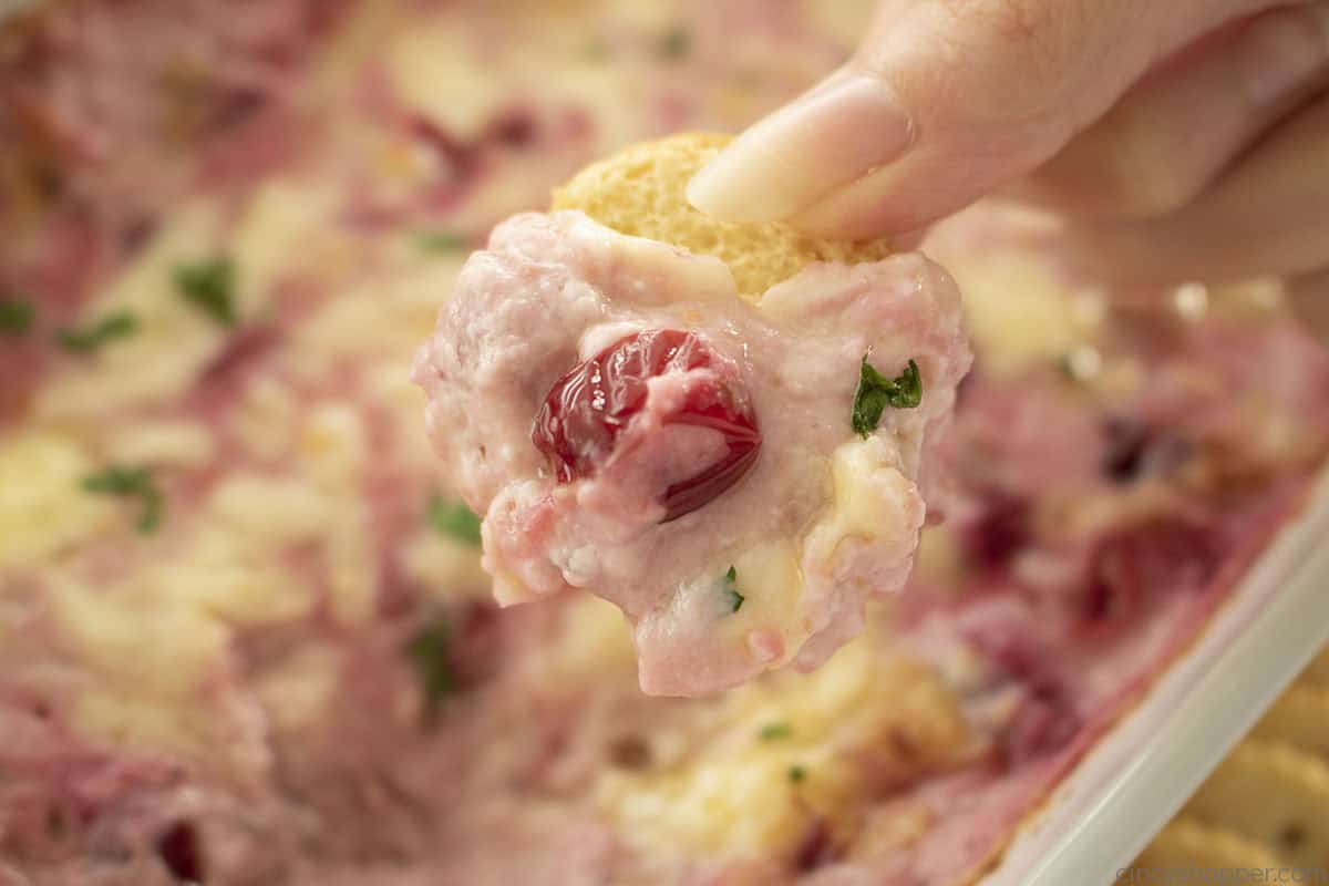 Sideways closeup of cranberry dip on a cracker.