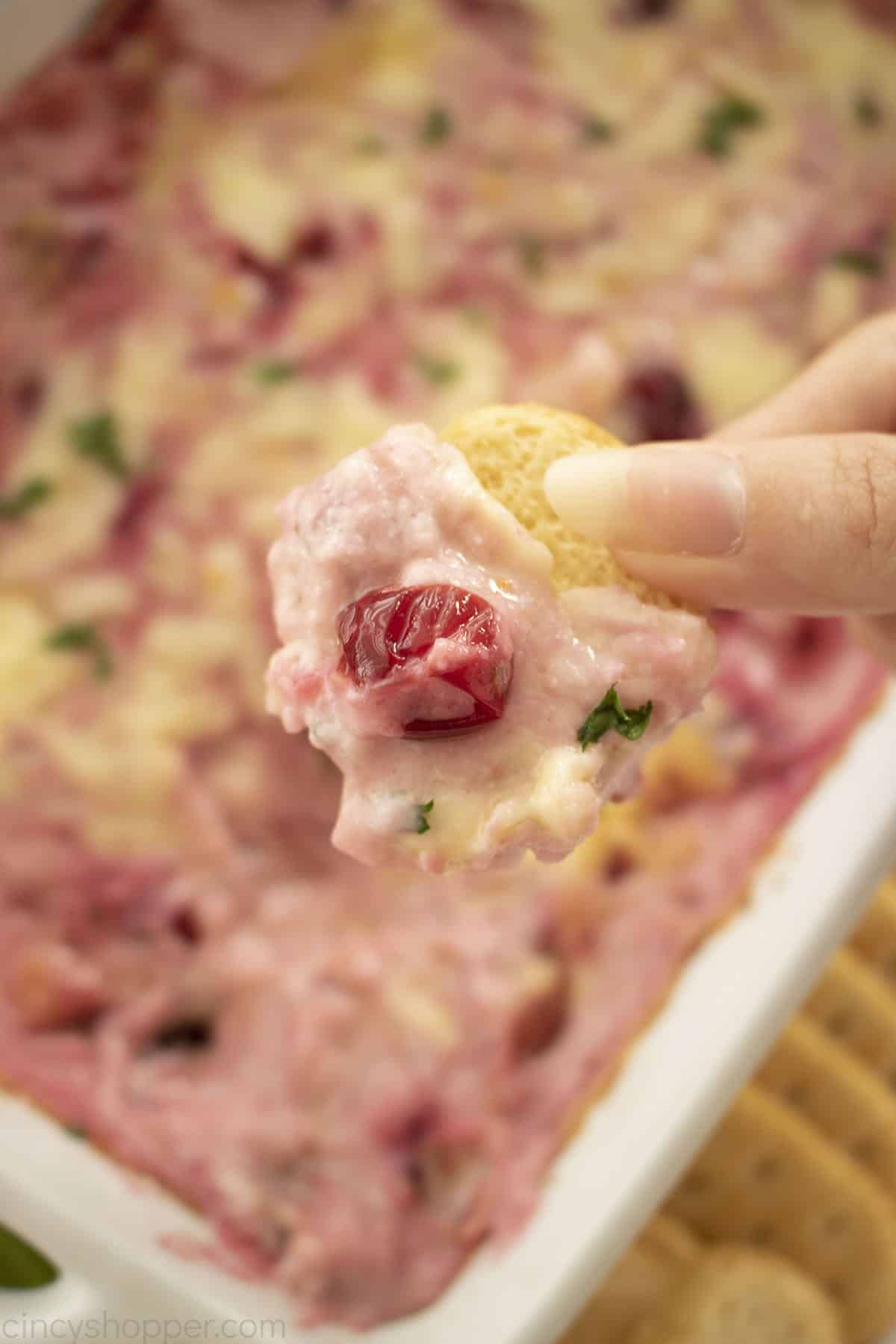 Closeup of cranberry dip on a cracker.