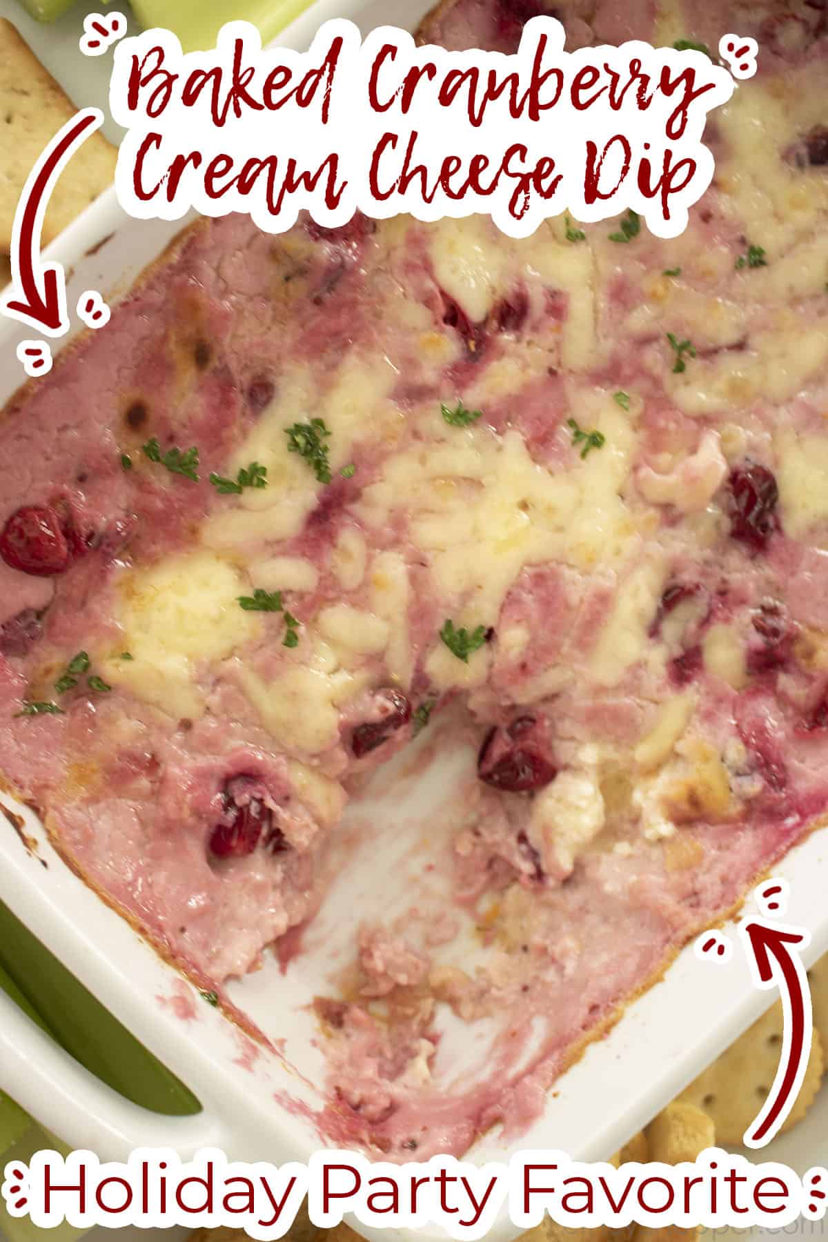 Casserole dish with dip missing and text on image Holiday Party Favorite.