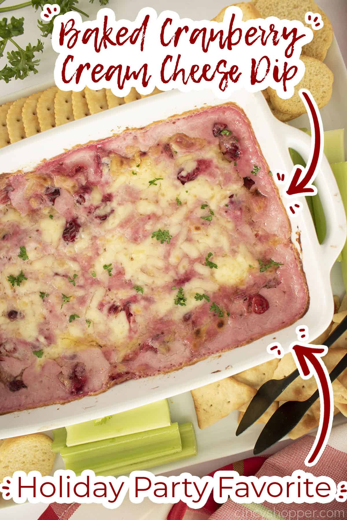Closer in image of Baked Cranberry Dip with cream cheese text on image Holiday Party Favorite.