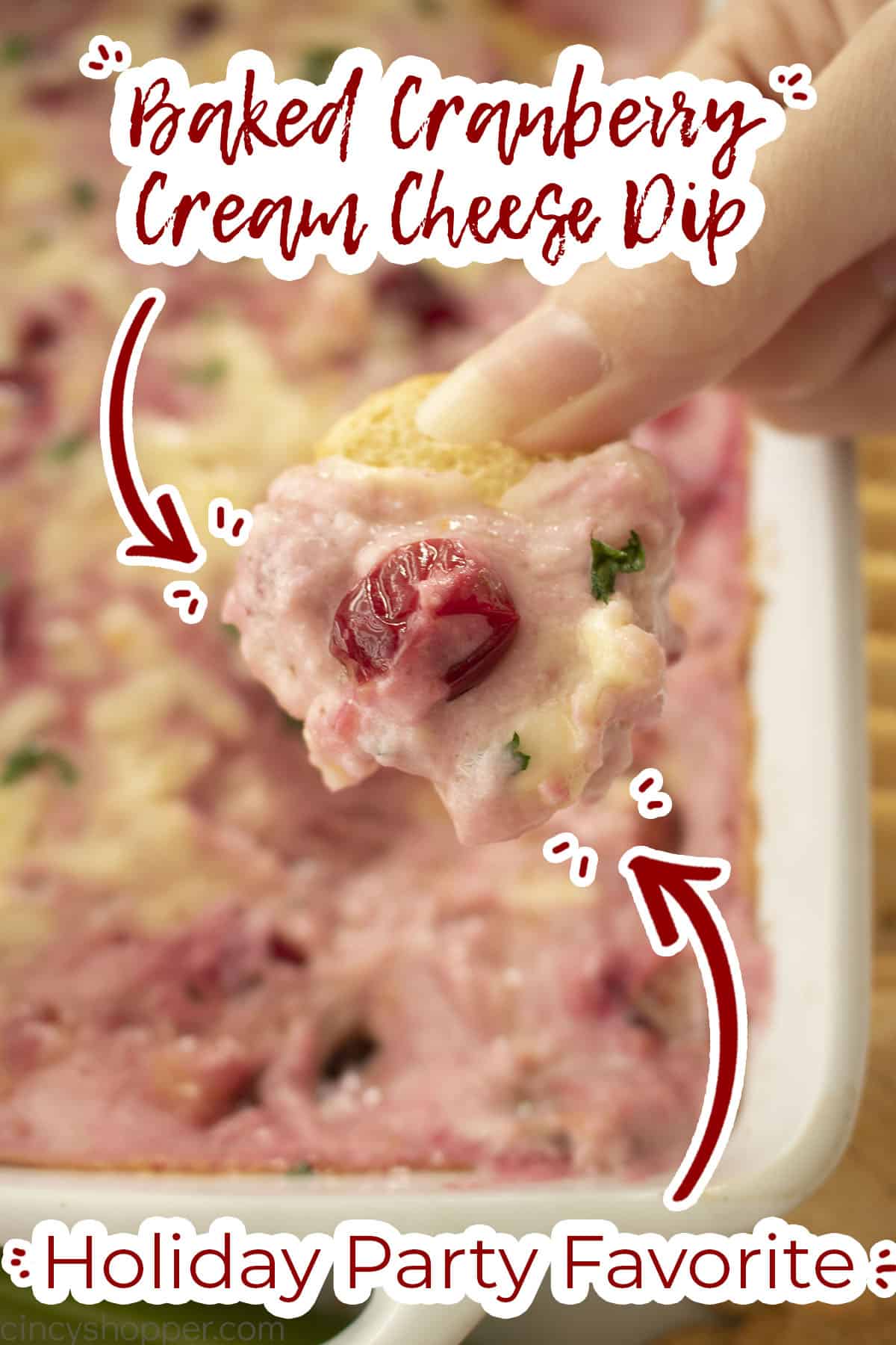 Cracker with Hot Cranberry Dip and text on image Holiday Party Favorite.