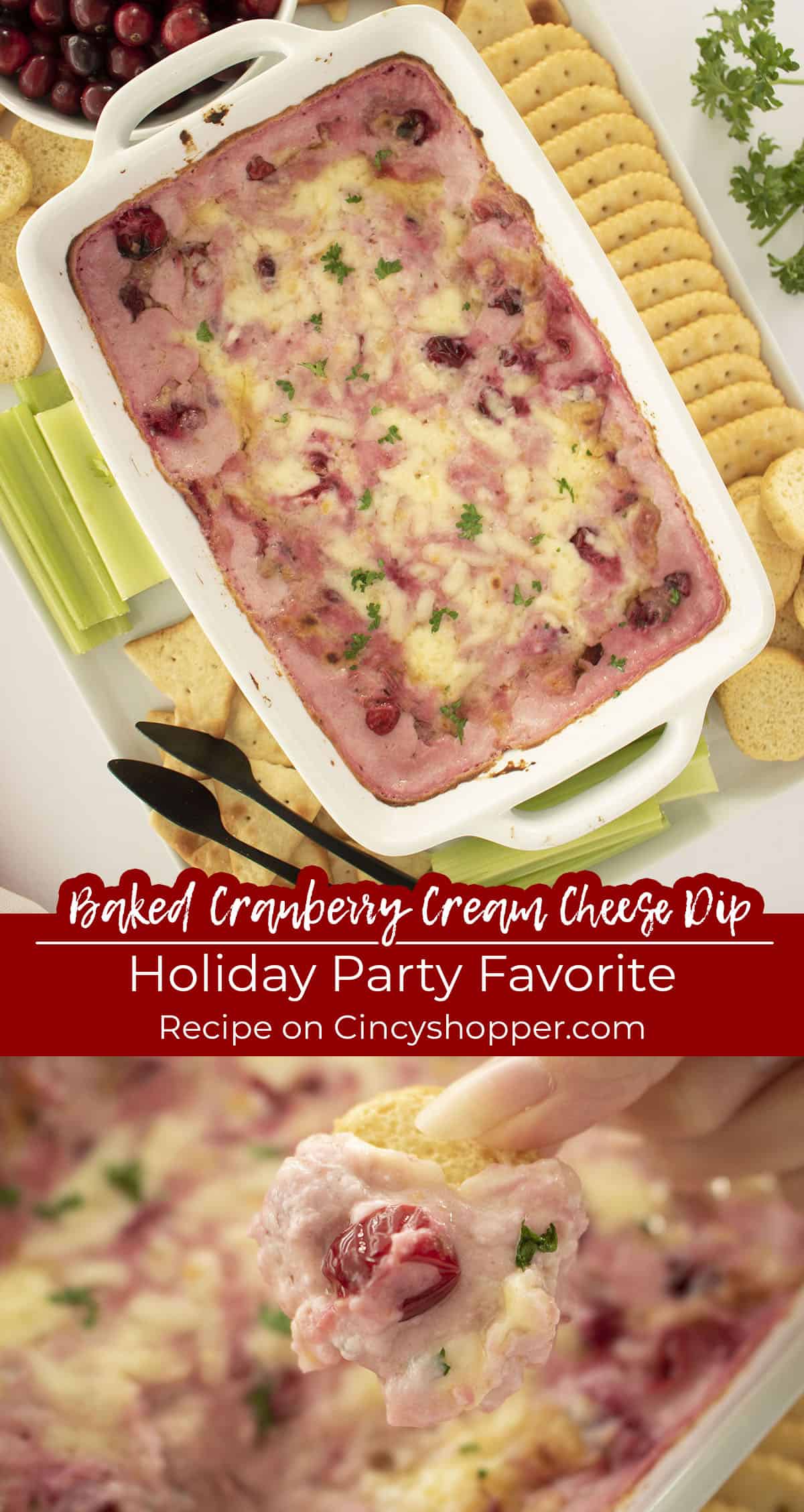 Long pin collage for cranberry dip text on image Holiday Party Favorite.