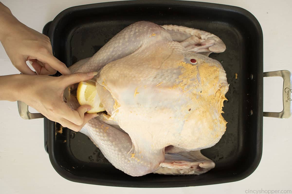 Lemon and herbs being inserted into turkey cavity.