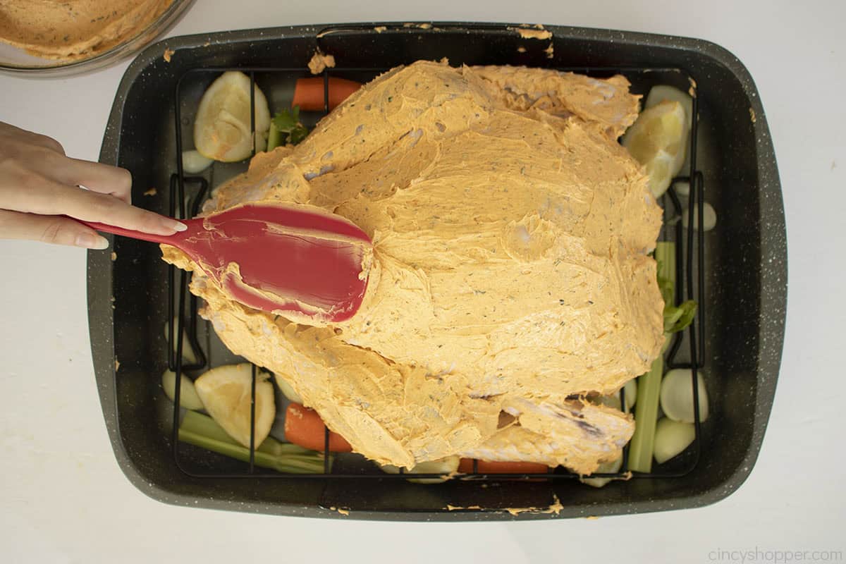 Cajun butter lathered on whole turkey.