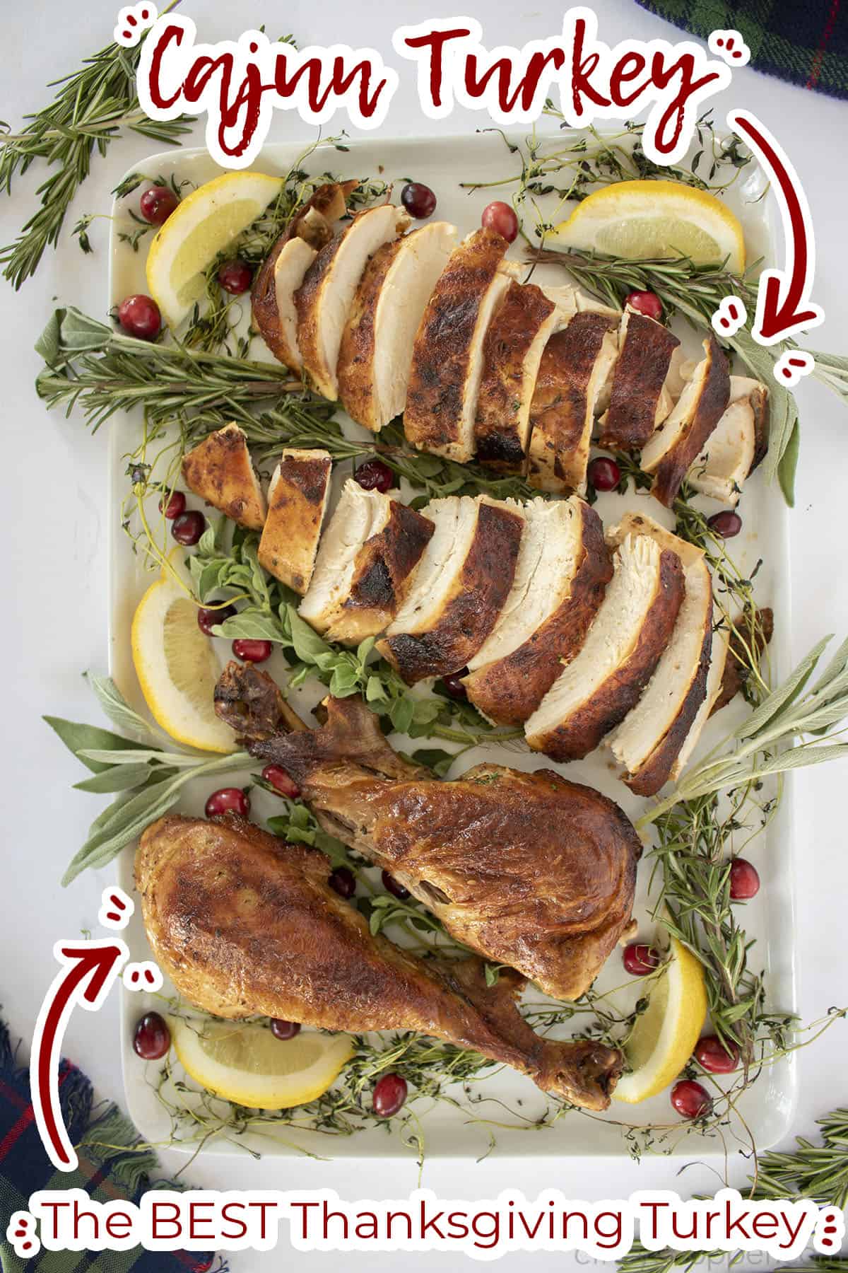 Carved Cajun Butter Turkey on a platter with text.