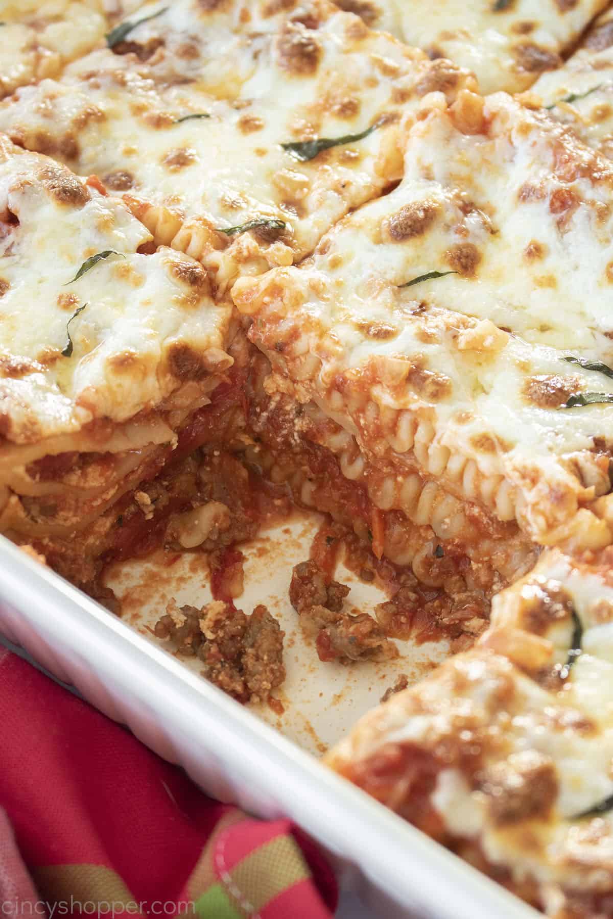 Closeup in dish of baked easy lasagna