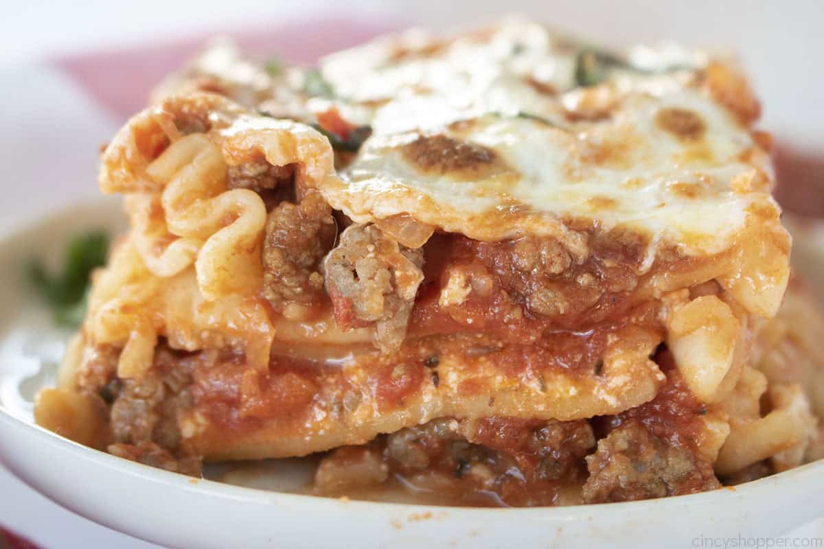 Slice of lasagna with meat and cheese closeup.