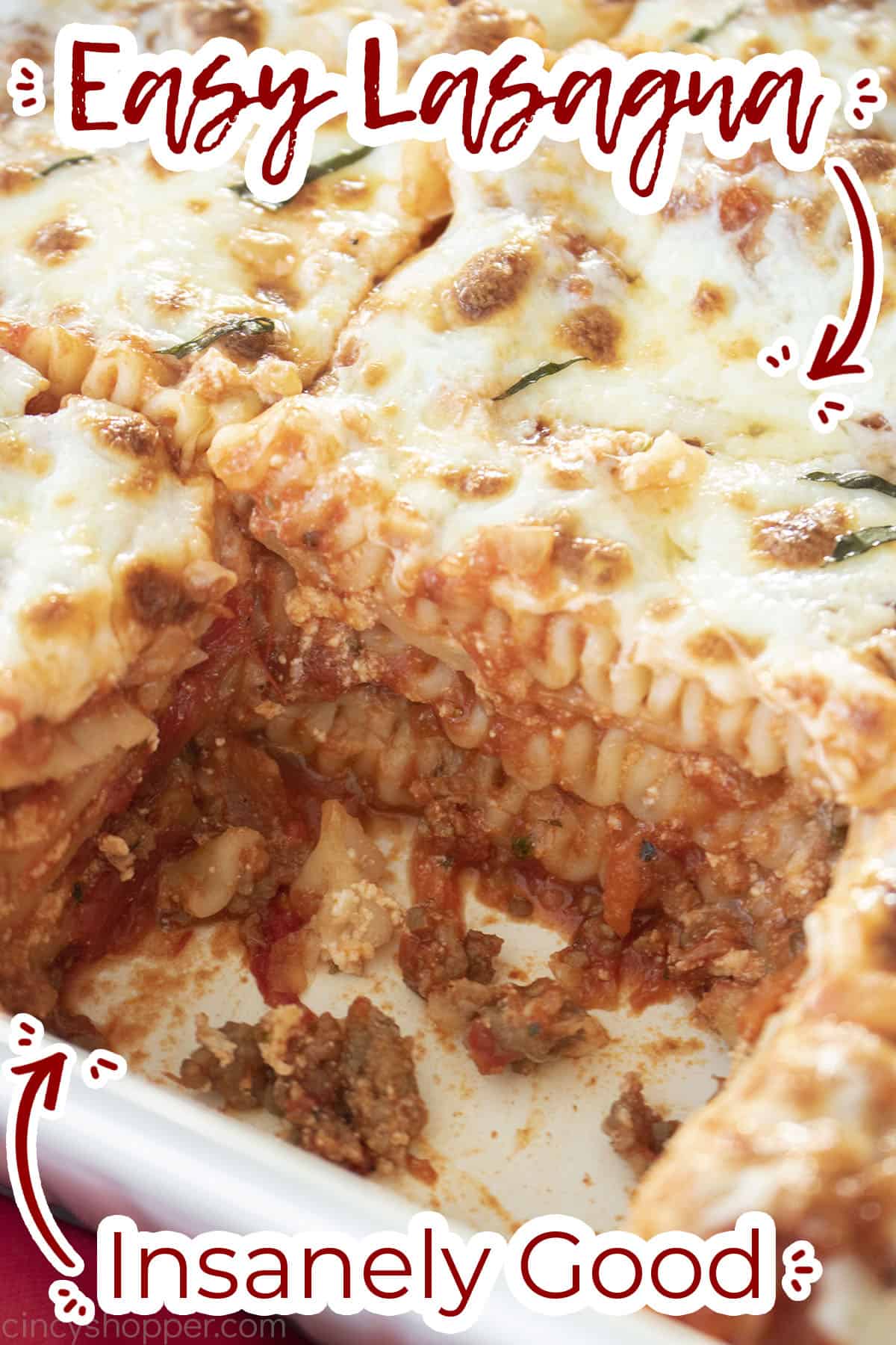 Closeup of classic lasagna with text on image - insanely good!