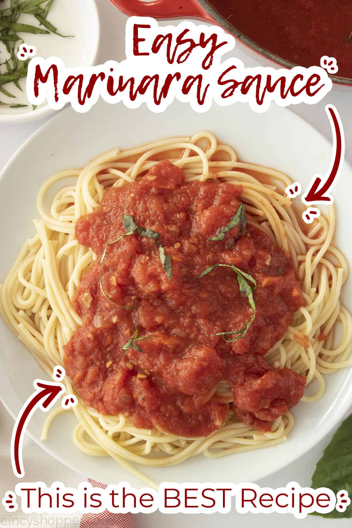 Plate of spaghetti topped with Easy Marinara Sauce.