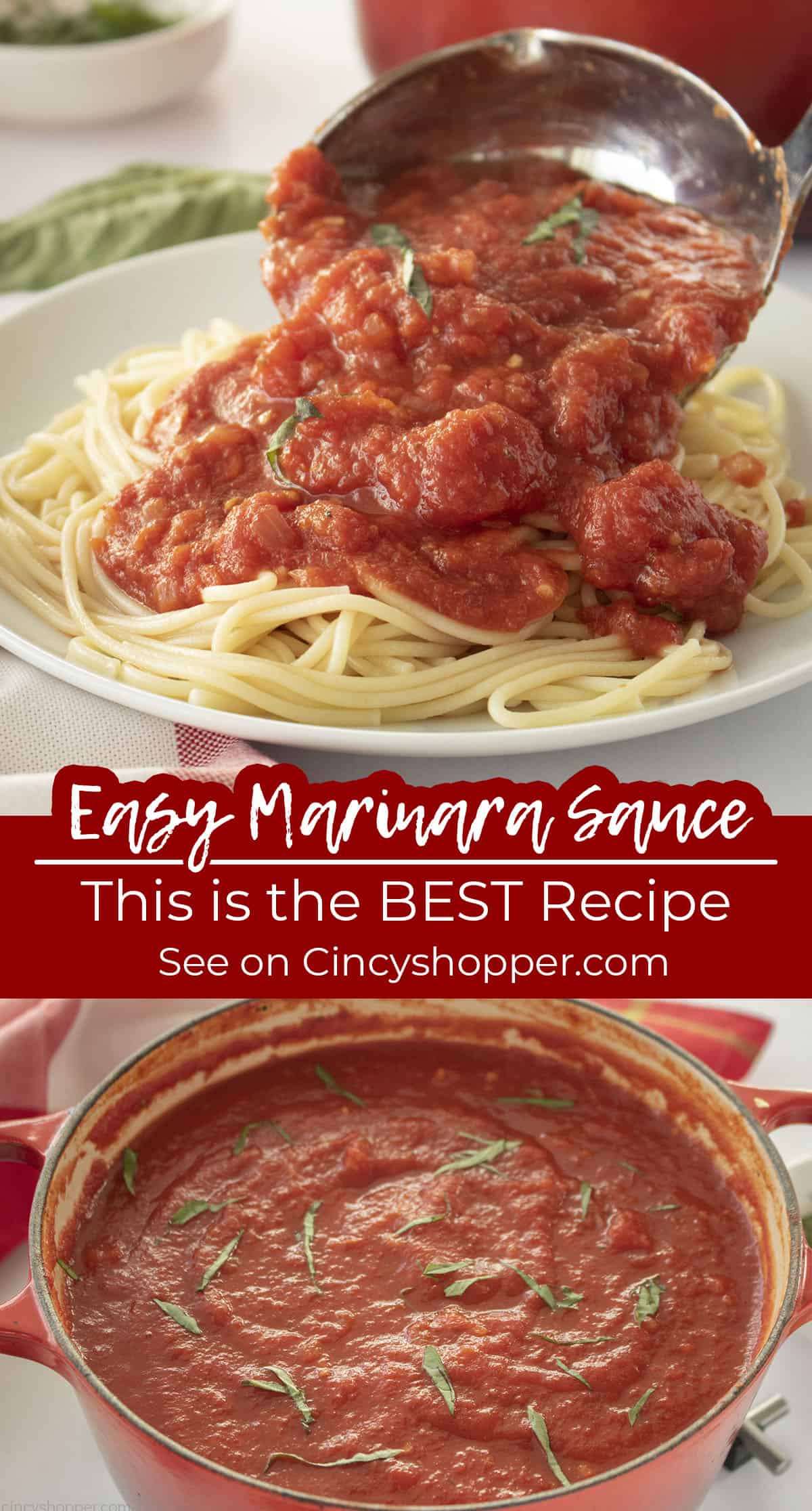 Long pin collage of Easy Marinara Sauce, This is the Best Recipe text.