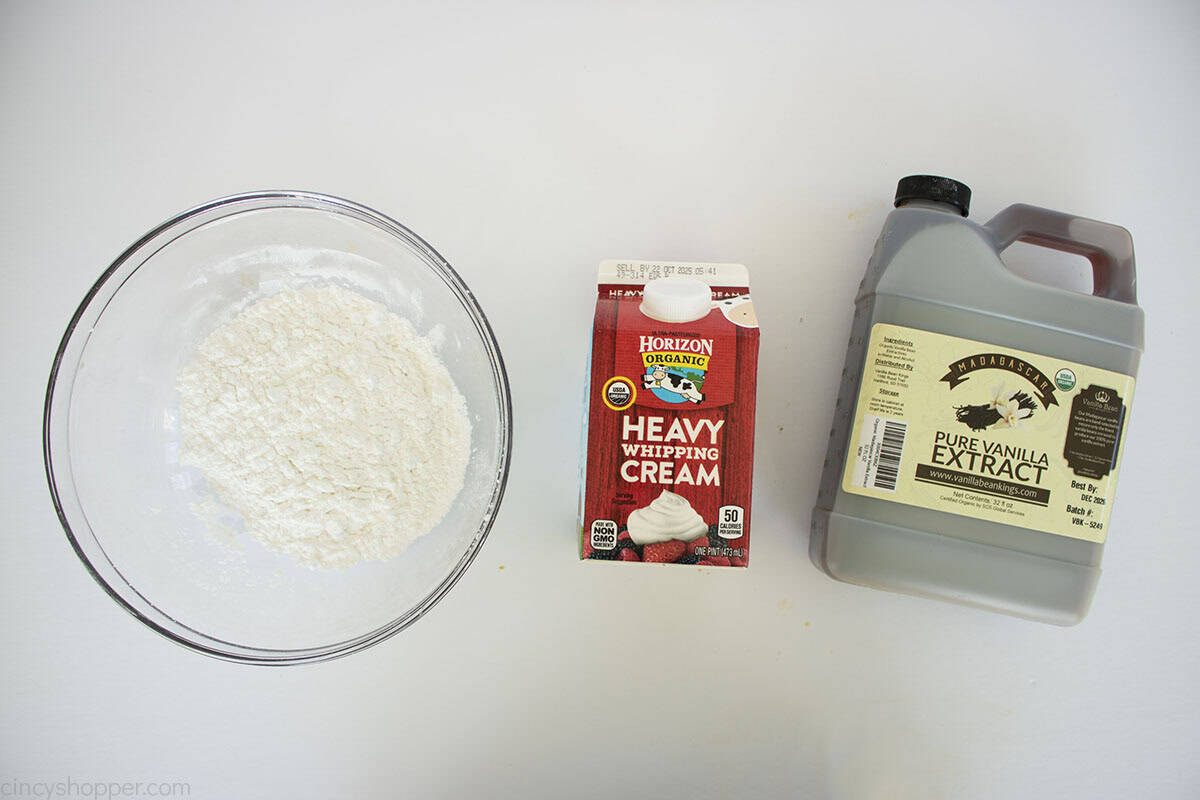 Ingredients to make homemade whipped cream recipe.