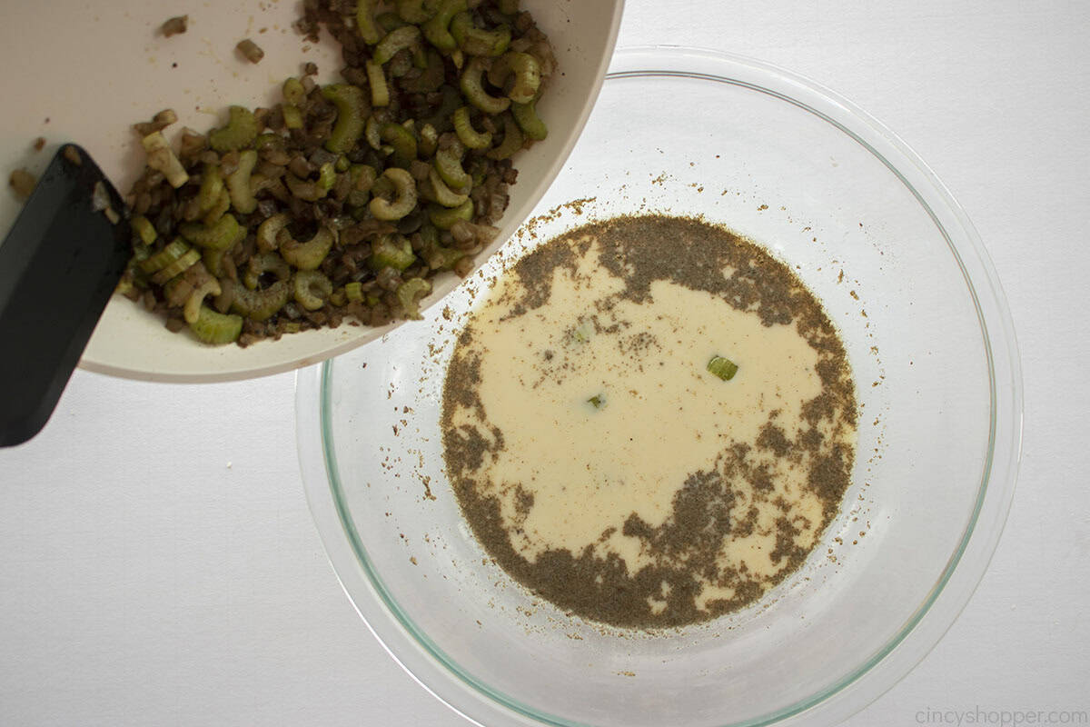 Cooked veggies added to milk mixture.