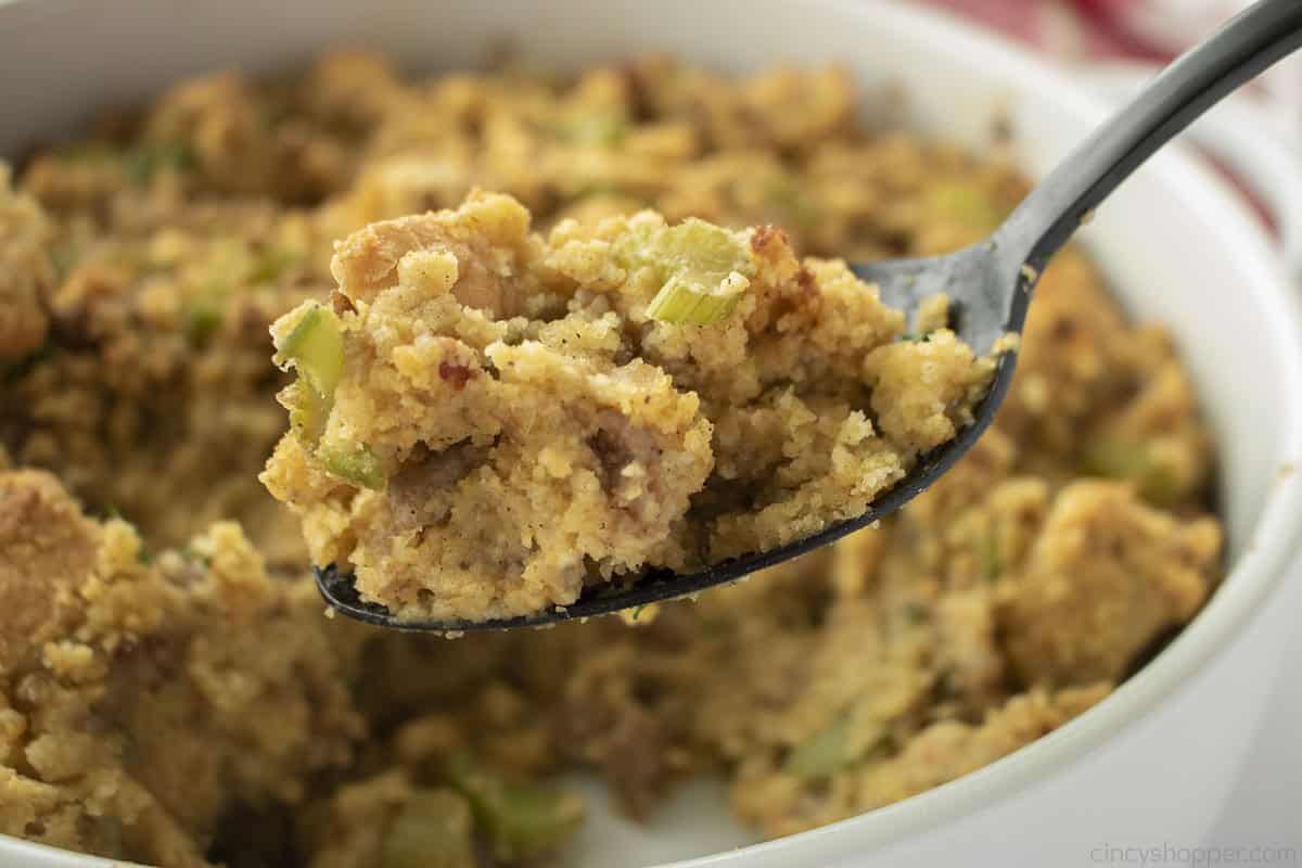 Close spoon with cornbread dressing.