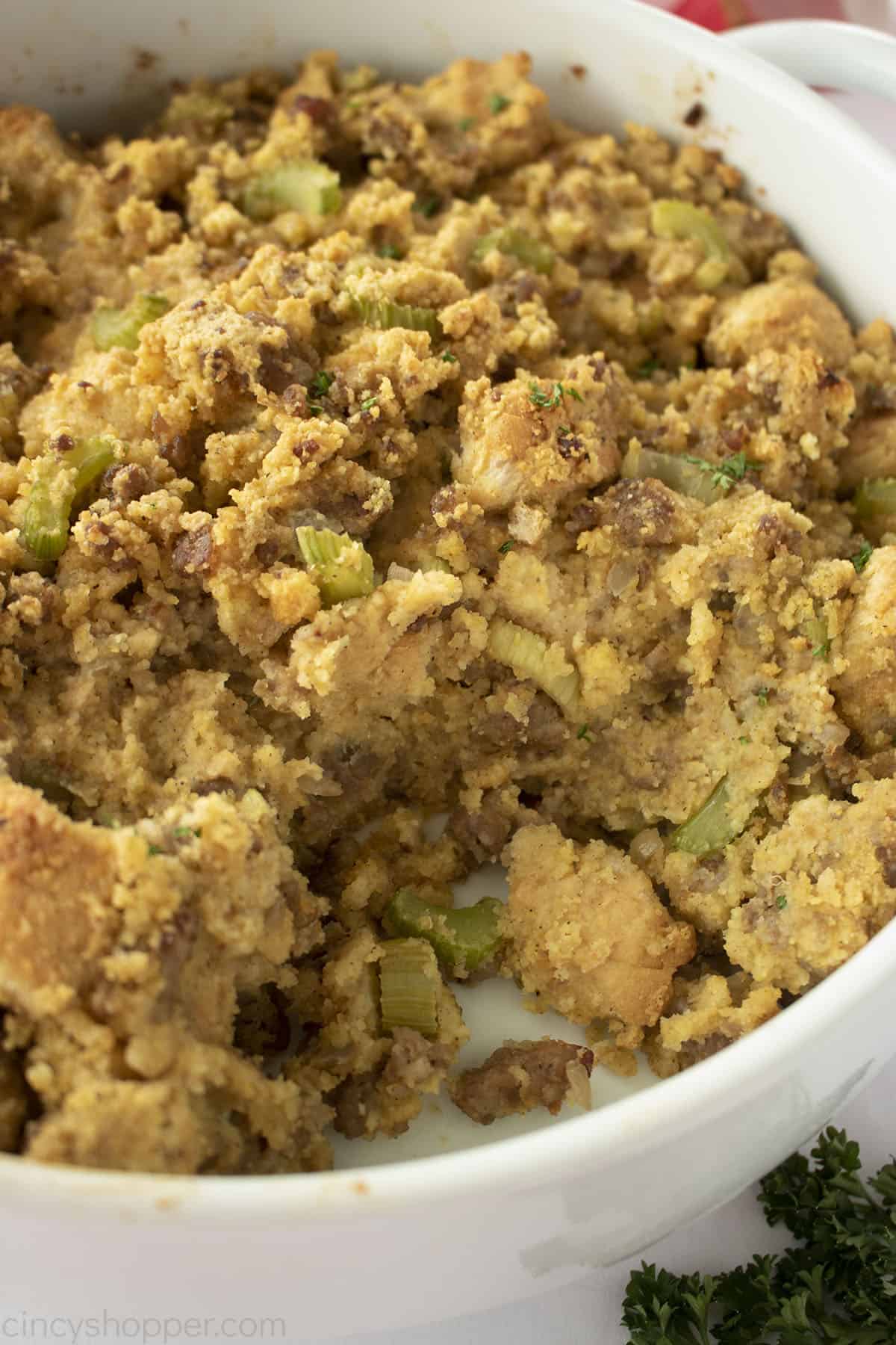 Closeup of Jiffy Cornbread dressing in dish.