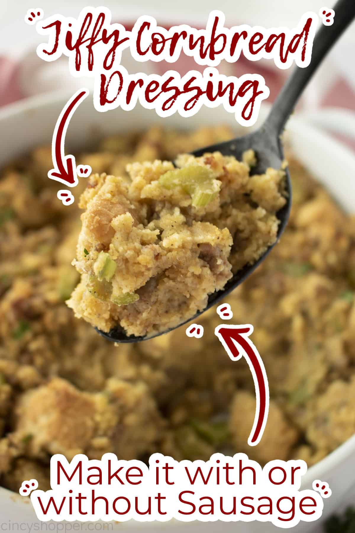 Jiffy Cornbread dressing on a spoon. Make it with or without sausage text.