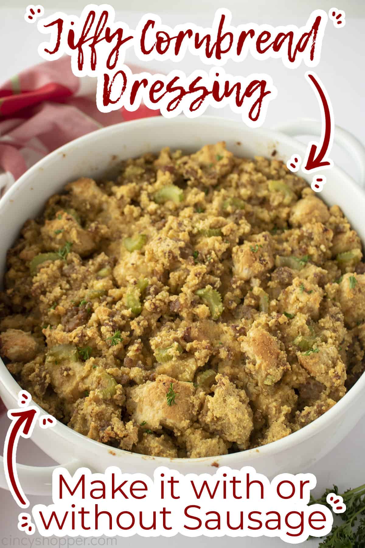 Jiffy Cornbread stuffing in a white casseole dish. Make it with or without sausage text.