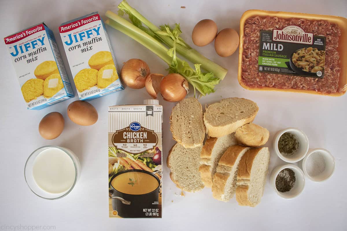 Ingredients to make Jiffy Cornbread dressing.