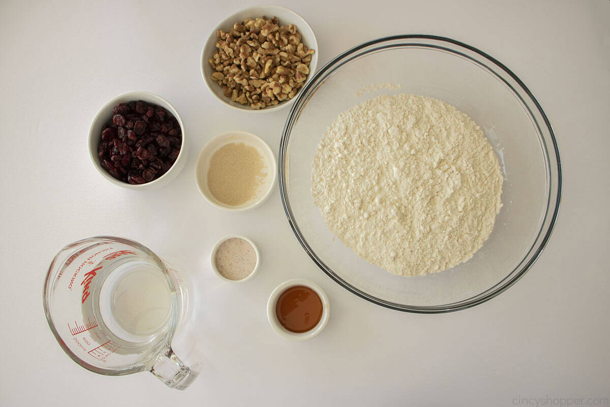Ingredients to make Cranberry Walnut Bread.