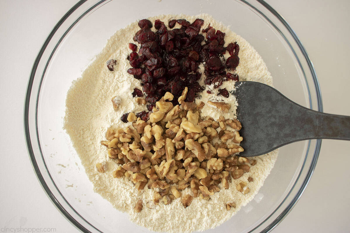 Walnuts and dried cranberries added to flour mixture.