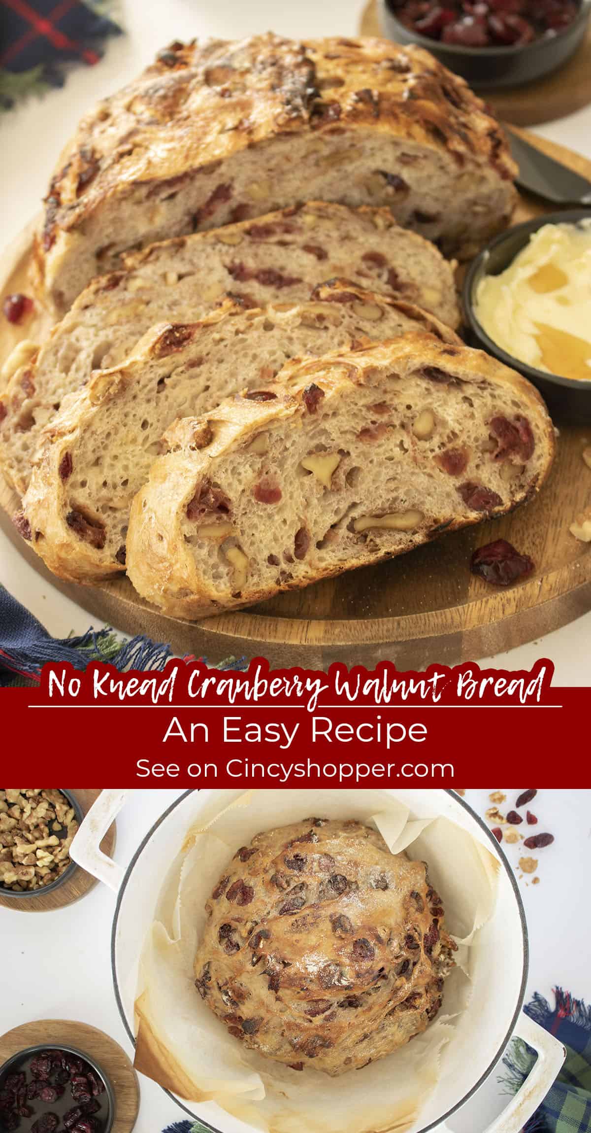 Long Pin collage of No Knead Cranberry Walnut Bread An Easy Recipe