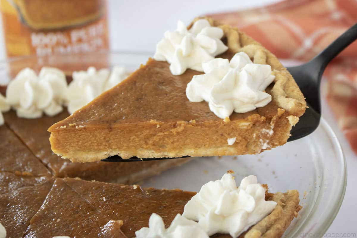 Slice of classic pumpkin pie on a pie server.