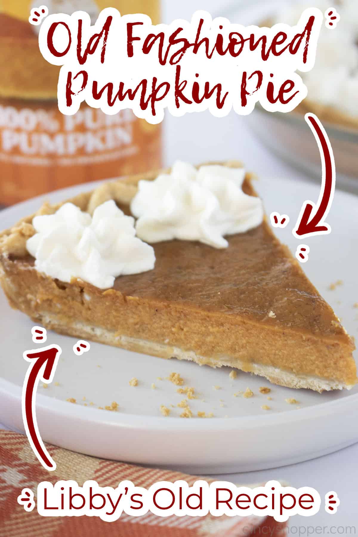 Slice of Pumpkin Pie on a white plate with text on image "Libby's Old Recipe"